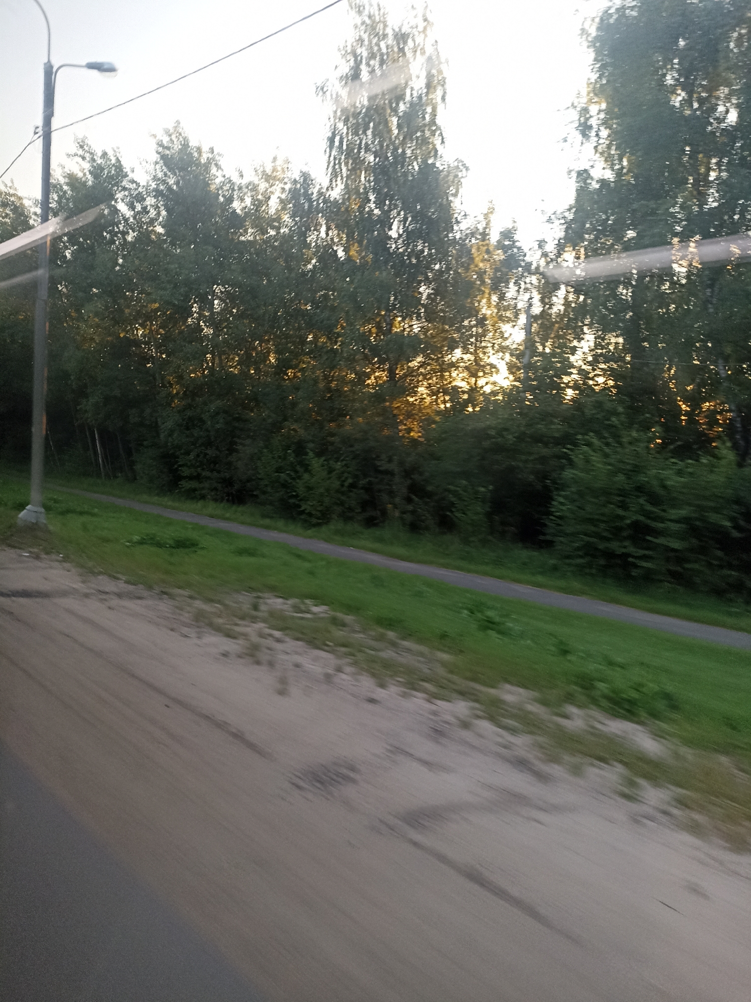 The image captures a scene along a road with a light pole on the left. Trees line the right side of the road, with sunlight filtering through their leaves. A paved path runs alongside the tree line, bordered by green grass. The foreground shows a dirt or gravel area. The overall impression is of an outdoor setting, possibly on the outskirts of a populated area. The image is taken from a moving vehicle, as evidenced by the motion blur. The location is identified as Manushkino, Russia.