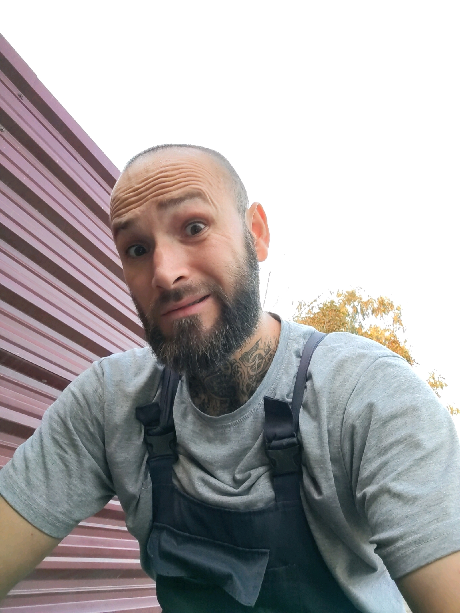 The image is a selfie of a bald, white male with a beard, wearing a grey t-shirt and dark overalls. He has tattoos on his neck. He is looking at the camera with a surprised expression, with his eyebrows raised and eyes wide open. The background consists of a corrugated metal wall, some autumn foliage, and a bright sky. The image appears to have been taken outdoors. There is no indication of the location being in Pinsk, Belarus.