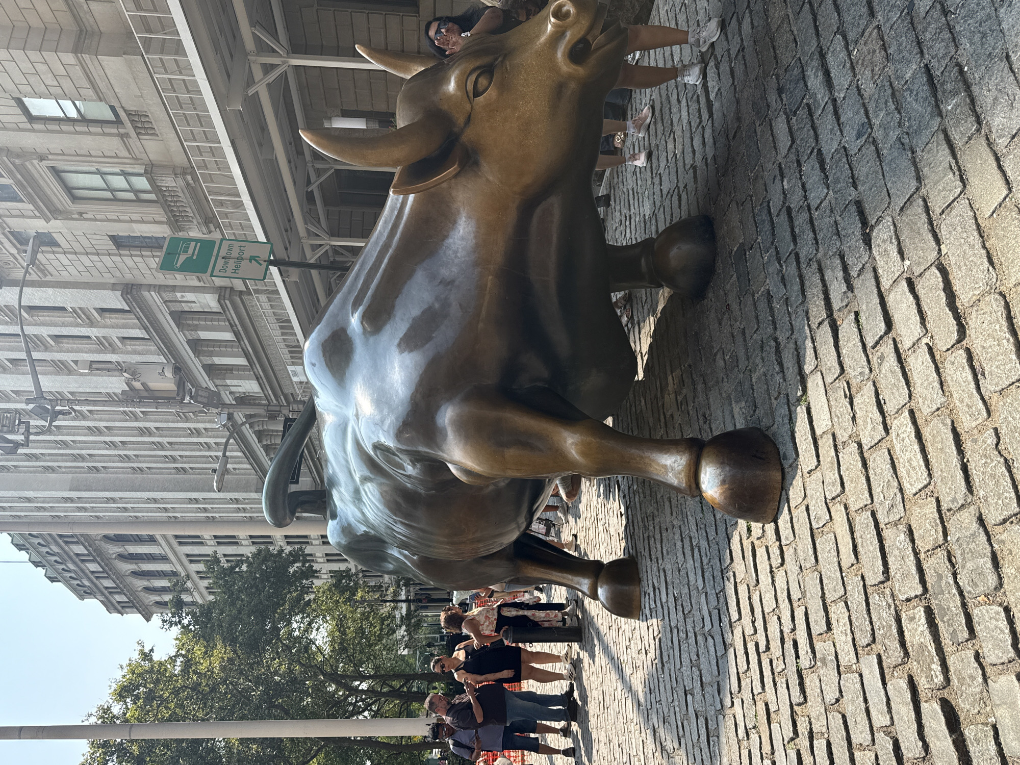 The image shows the Charging Bull sculpture on a cobblestone street in the Financial District of New York City. The bronze bull is positioned prominently in the foreground, facing towards the right of the frame. Several people are visible in the background, some standing and observing the sculpture, while others appear to be walking. Behind the bull, a tall, classical-style building dominates the backdrop, characterized by its stone facade, numerous windows, and arched detailing. A green street sign with a helicopter icon and the text "Downtown Heliport" is visible on the right side of the frame, indicating proximity to a helipad. The scene is illuminated by bright sunlight, casting shadows on the cobblestone street and highlighting the metallic sheen of the bull. The overall environment suggests a busy urban setting, likely a tourist attraction.