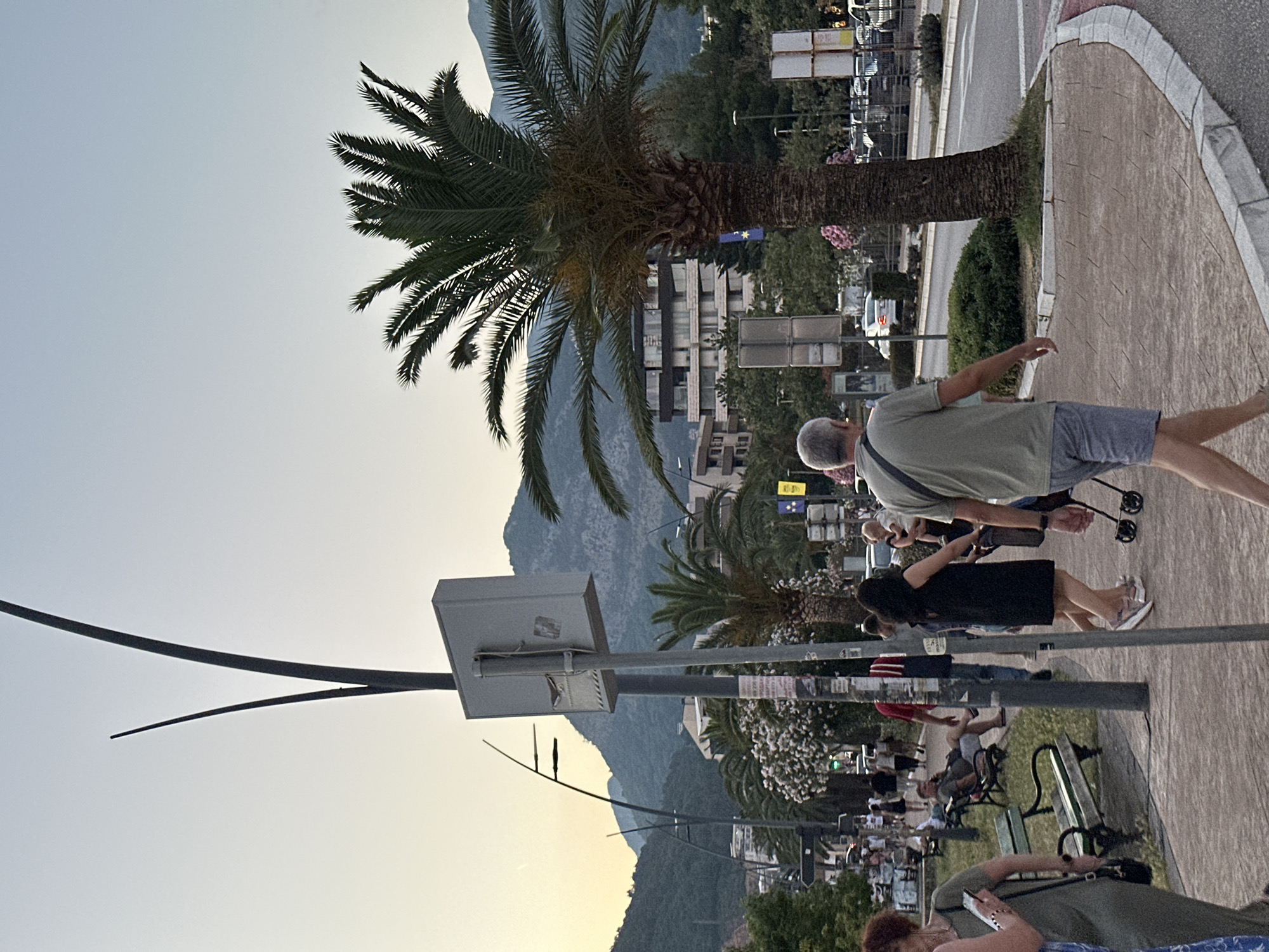 The image shows a street scene in Budva, Montenegro. In the foreground, a man in a green t-shirt and grey shorts walks away from the camera on a paved sidewalk. To his left, a woman in a black dress walks while pushing a stroller, and a woman in a green dress holds a phone. Further down the sidewalk, several people are sitting on benches or walking. A prominent palm tree stands to the right of the man, with a street lamp and signpost to his left. In the background, buildings and lush green mountains are visible under a clear sky. The overall atmosphere suggests a warm evening in a coastal city.