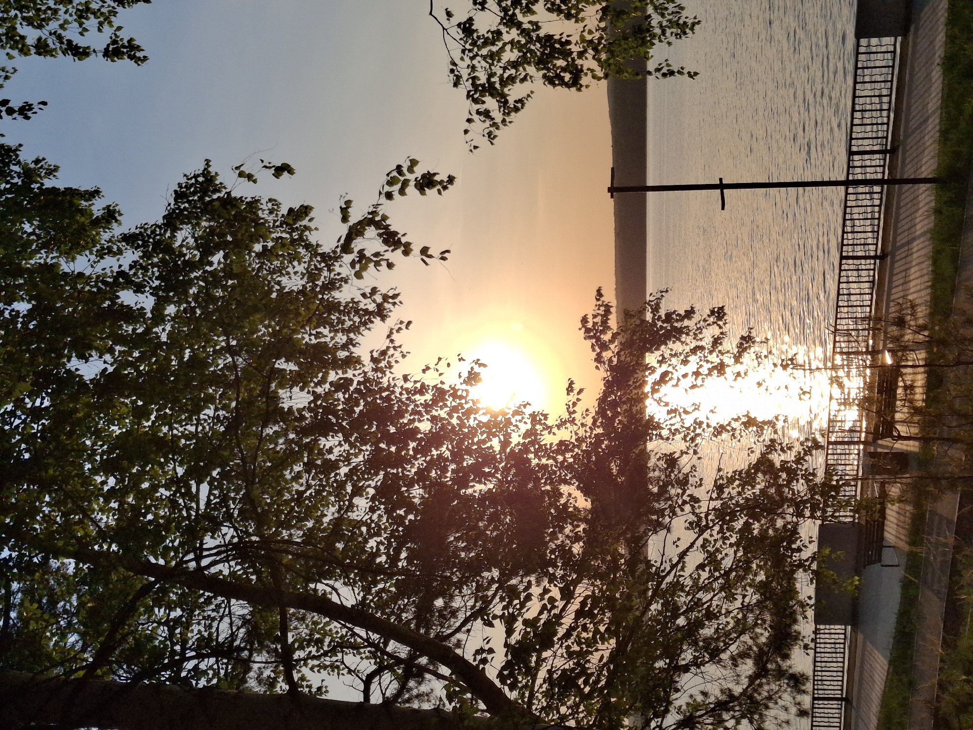 The image depicts a sunset view over a body of water, likely a lake or river, framed by trees. The sun is low on the horizon, casting a golden glow across the water and sky. A promenade or walkway with a railing runs along the water's edge, reflecting the sunlight. A lamp post stands on the edge of the body of water. The city of Chaikovsky, Russia, is not directly visible but assumed to be the location of the scene, potentially within a park or recreational area near the water. There are no people visible in the image.