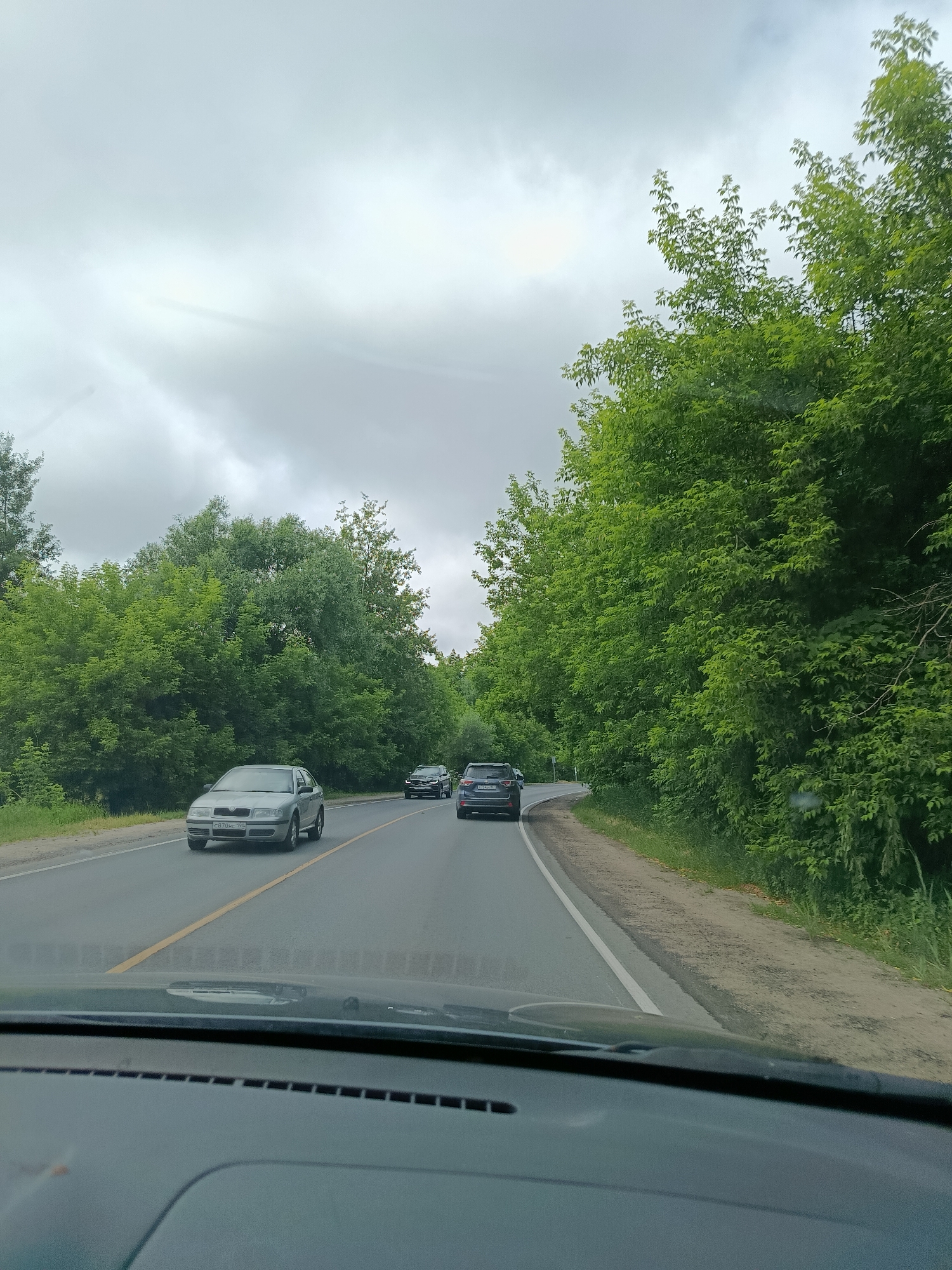 The image depicts a view from inside a vehicle looking out at a paved road bordered by lush green trees on both sides. The sky is overcast with thick grey clouds. Several cars are visible on the road. The closest car to the viewer is a silver sedan, followed by a dark SUV, and another vehicle partially visible further ahead. The road curves to the right, leading into a densely wooded area. The overall impression is that of a drive through a natural, possibly rural or suburban, setting under a cloudy sky. There is no discernible urban landscape or specific landmarks to indicate the city of Тополиный, Russia.