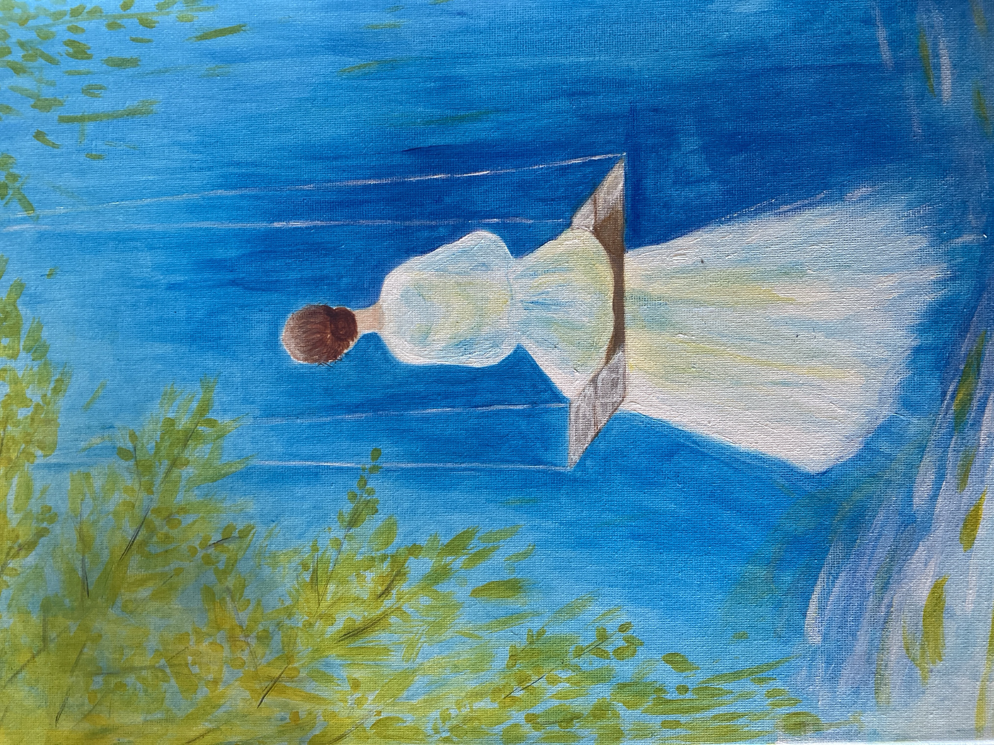 A painting depicts a person from behind sitting on a swing. The person is wearing a white dress and has brown hair styled in a bun. The swing appears to be made of wood and hangs from ropes. The background is a vibrant blue, suggesting a sky or water, with some vertical white lines that could represent rain or streaks of light. In the upper left corner, there are green leaves on branches, casting dappled shadows. The lower part of the painting shows a textured surface with blue, white, and green tones, possibly representing water or ground. There is no information within the image to determine its location in Novokuznetsk, Russia.