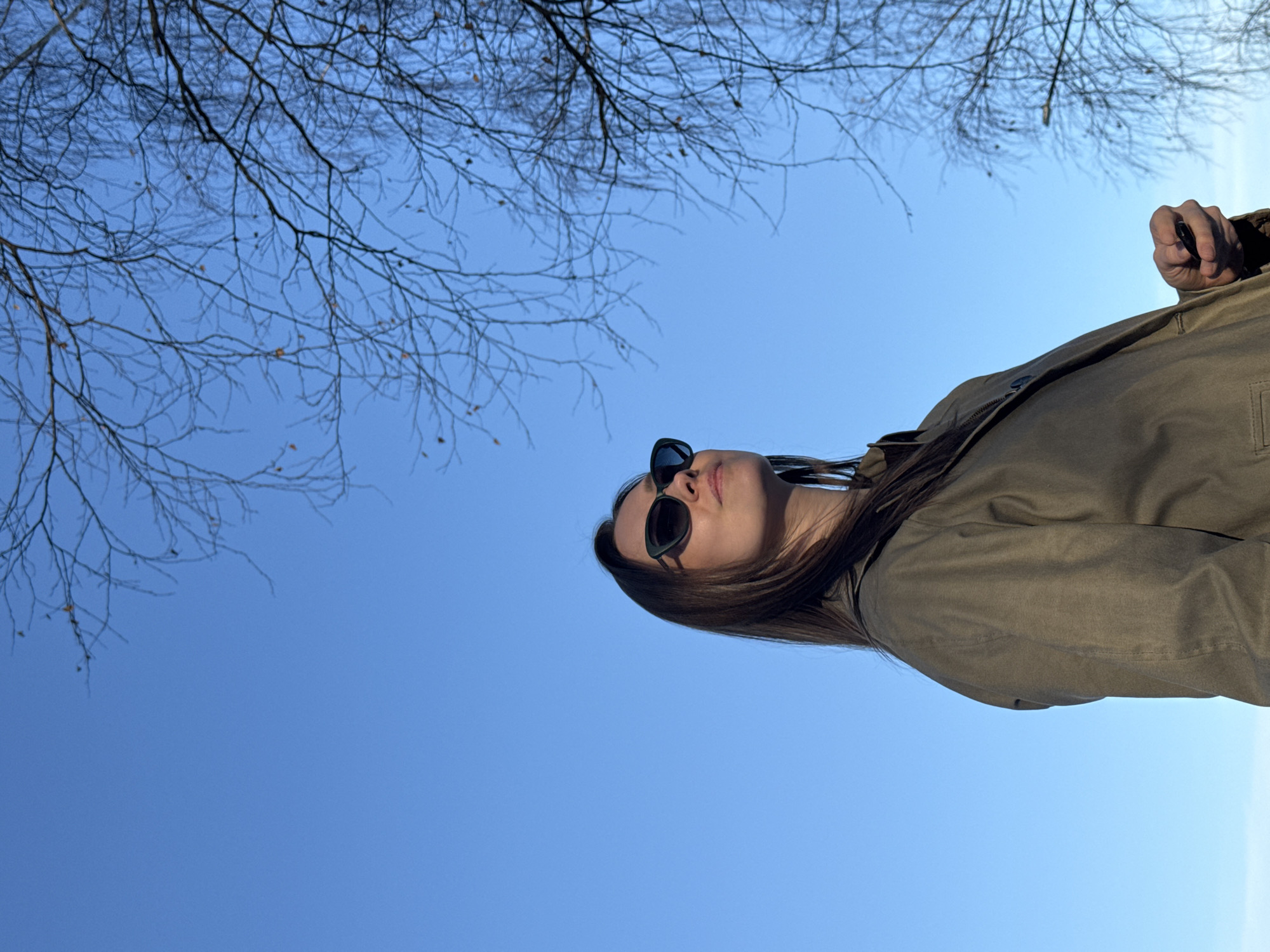 A low-angle, eye-level shot captures a female subject positioned in the lower-center to lower-left portion of the frame, viewed from the upper chest upward. She has long, dark brown hair and is wearing dark, possibly cat-eye style, sunglasses. Her head is tilted slightly upward, and her gaze is directed towards the upper right of the frame. She is dressed in a dark olive-green or khaki-colored jacket or coat. Her right hand, visible in the lower-right, is holding a small, dark, rectangular object, potentially an electronic key fob. The background is a clear, vibrant blue sky, indicative of daytime. In the upper-right quadrant and extending along the right edge, bare tree branches, characteristic of deciduous trees in late autumn or winter, are visible against the sky, with a few sparse, small brown leaves still clinging to them. The lighting appears bright and sunny, illuminating the subject's face and jacket, with the light source likely from the upper left. The specific location within the city of Chaikovsky, Russia, cannot be determined from the visual information present in the image.