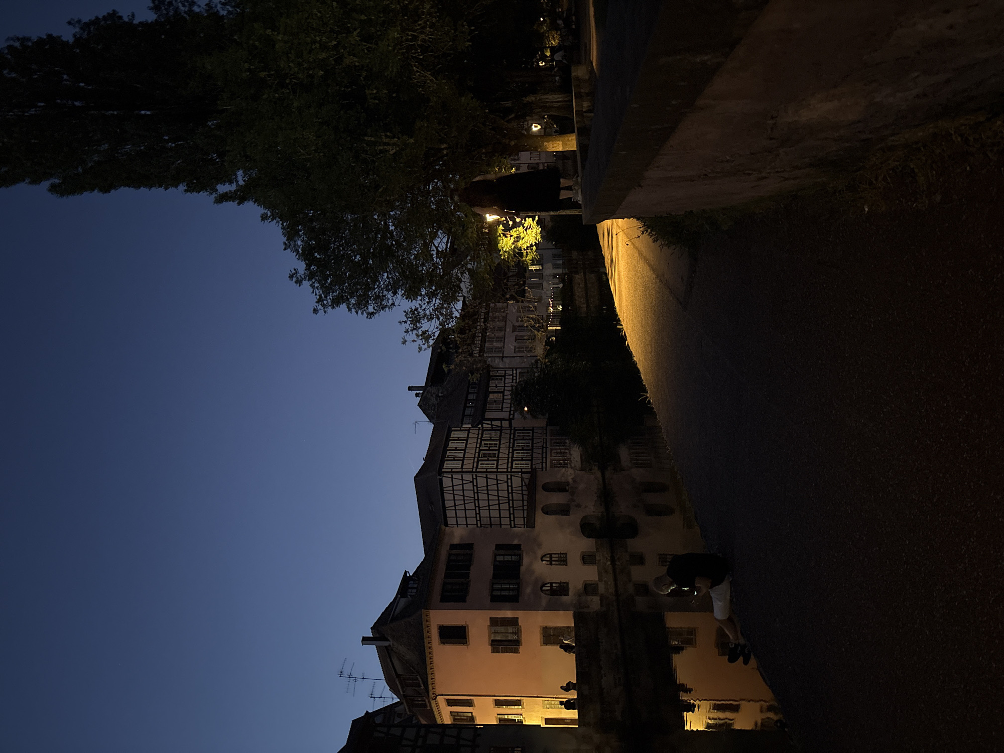 The image shows a night scene in Strasbourg, France, featuring the canals and half-timbered buildings of La Petite France. A man is standing on a dark path next to the canal, using a device. The buildings are lit by streetlights, with reflections visible in the water. The sky is a deep blue. A tree is in the upper left of the frame.