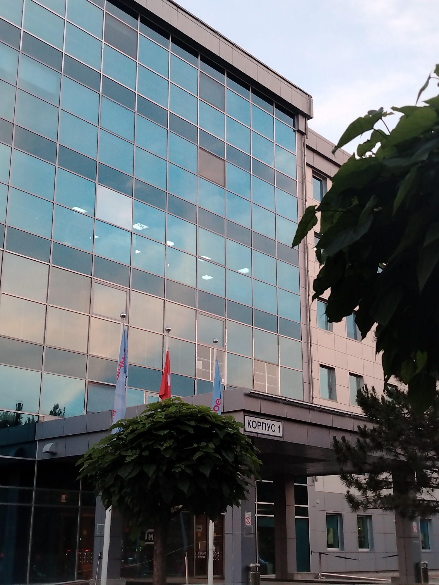 The image shows the exterior of a modern office building in Krasnodar, Russia. The building has a facade of blue-tinted glass windows arranged in a grid pattern, reflecting the sky and surrounding environment. To the right of the building, lush green leaves of a tree partially obscure the view. In front of the building, there are three flags on flagpoles. A prominent sign above an entrance reads "КОРПУС 1" (CORPUS 1) in white lettering on a dark background. A neatly trimmed, spherical green bush is visible in the foreground. The ground appears to be paved. The overall scene suggests a business or administrative complex.