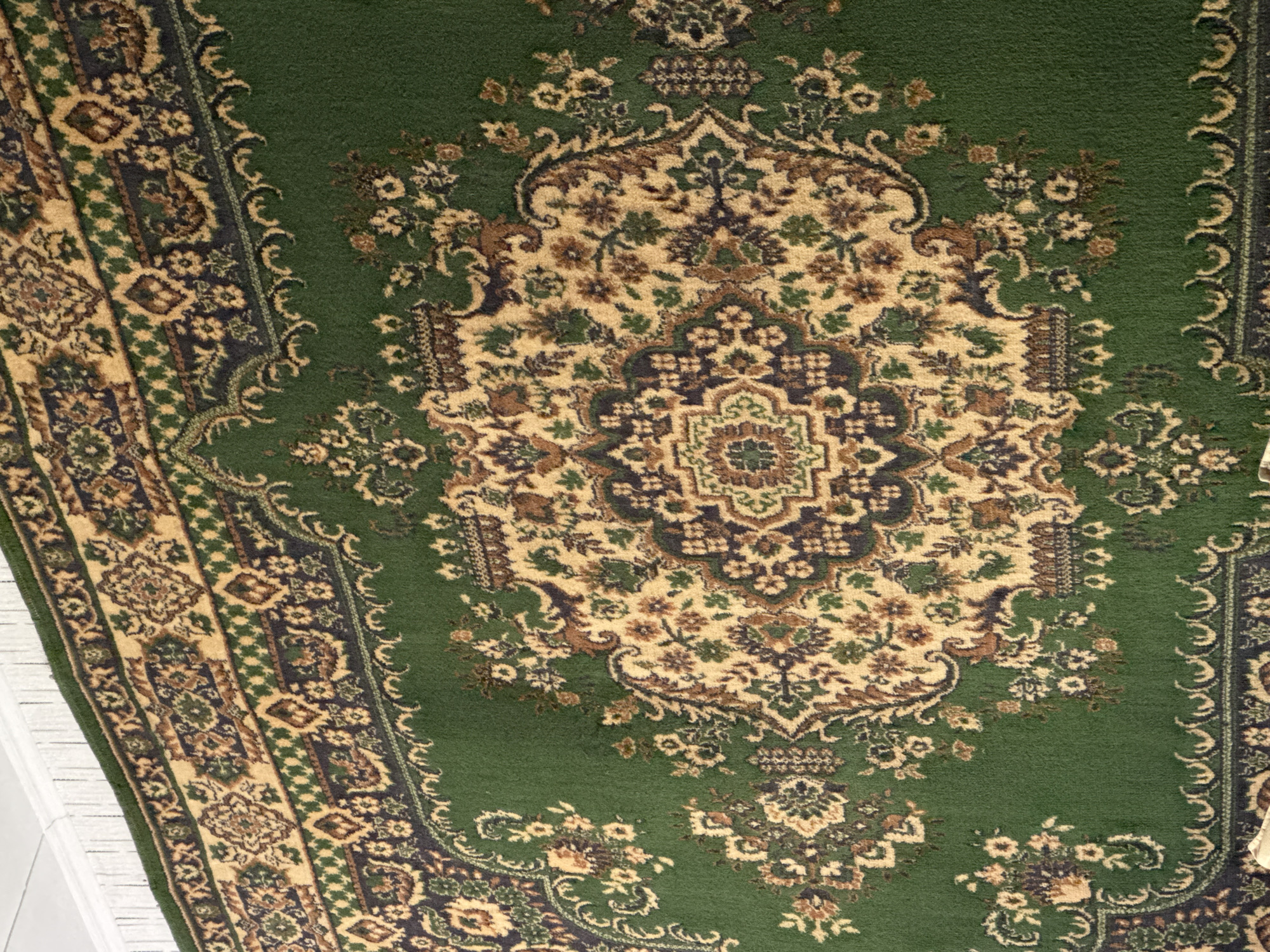 The image shows a close-up, high-angle view of a patterned rug. The rug is primarily green with intricate designs in beige, brown, and dark blue. The patterns include floral motifs, geometric shapes, and a central medallion. The rug appears to be made of a soft, textured material. The background consists of a white wall with a fringe or tassels along the top edge, suggesting the rug might be displayed or hung in a domestic setting. There are no people or specific geographical landmarks visible that would indicate a location in Shymkent, Kazakhstan.
