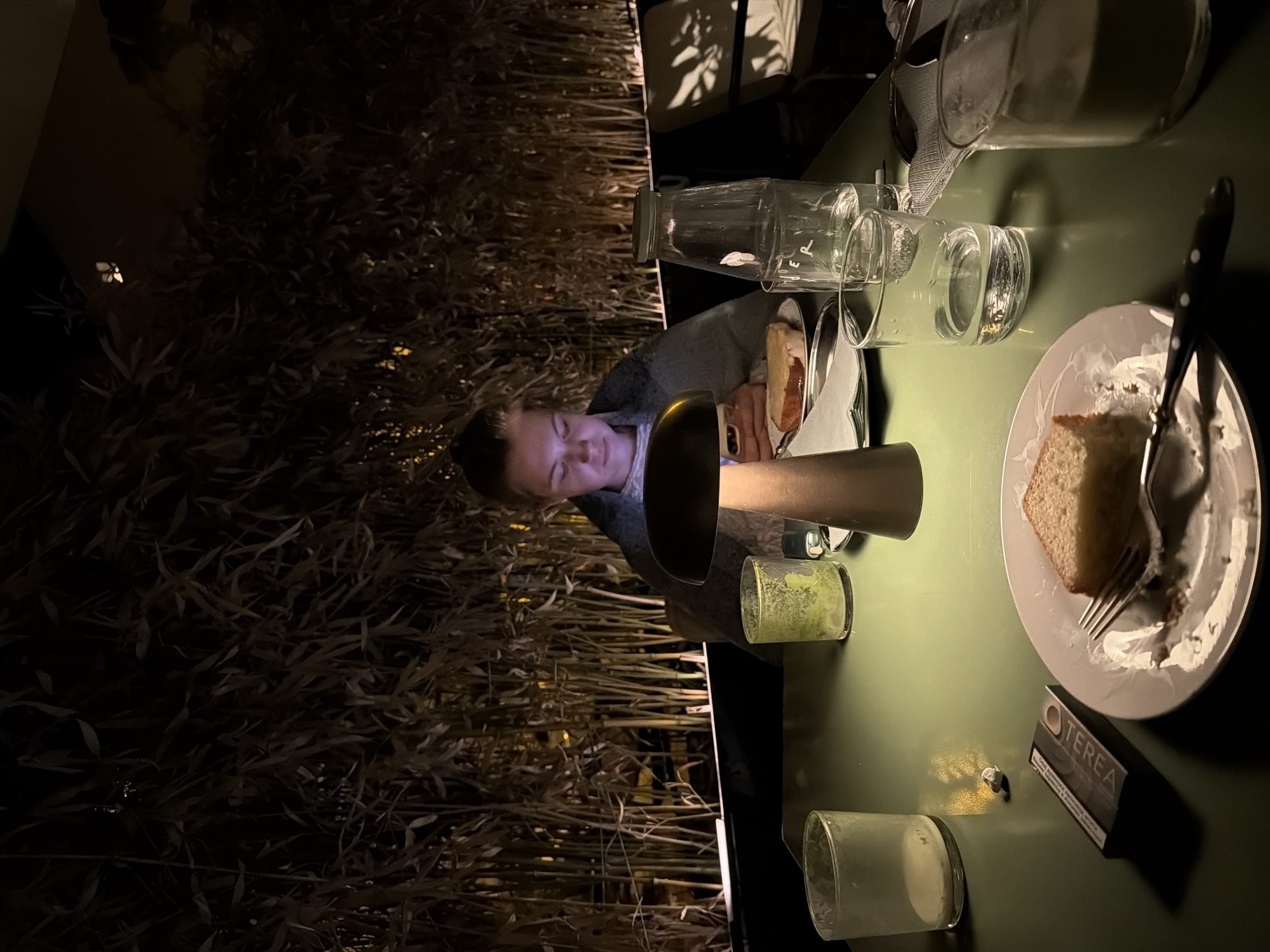A dimly lit outdoor dining area in Belgrade, Serbia, features a person seated at a table with remnants of a meal, including a piece of cake on a plate with cutlery, and several glasses and a water carafe. A small, rectangular pack labeled "OTEREA" is also visible on the table. The surroundings include dense, dry vegetation, possibly bamboo, creating a private or enclosed ambiance. The light appears to be artificial, casting shadows and enhancing the contrast of the scene.