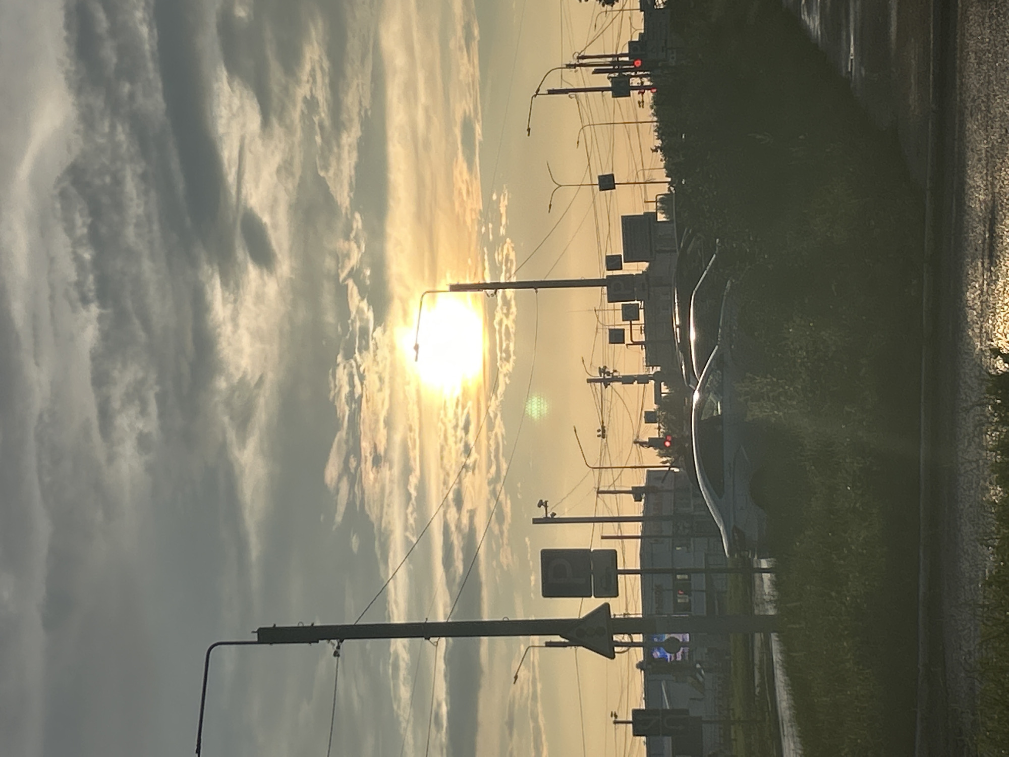 The image shows a street scene at sunset in Chaikovsky, Russia. The sun is partially obscured by clouds, casting a warm, golden light over the scene. Several cars are parked or driving on the wet asphalt road, which reflects the light. Tall lampposts line the street, and utility wires are visible crisscrossing the sky. Buildings and traffic lights are present in the background, suggesting an urban or semi-urban environment. The foreground is dominated by lush green grass, some of which appears to be wet, indicating recent rain. There are no people clearly visible in the image.