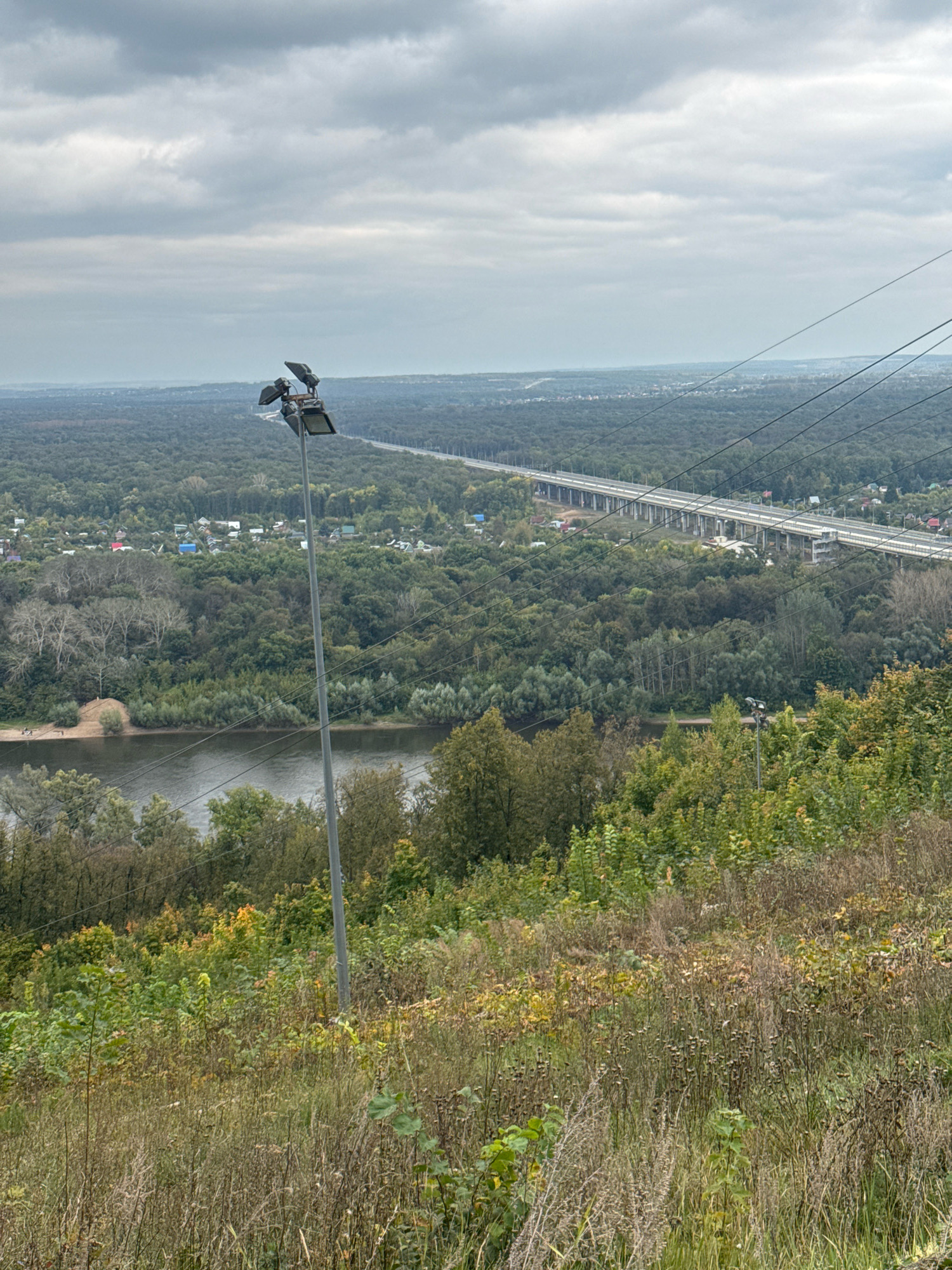 The image shows a panoramic view of the Ufa city landscape, dominated by a vast expanse of green forest. A wide river, likely the Belaya River, flows through the scene, with a notable bridge structure spanning across it in the distance. The foreground features a steep, grassy incline dotted with various types of vegetation, hinting at a natural park or elevated viewpoint. A tall lamppost with multiple lights stands prominently in the mid-ground, suggesting a public area or recreational space. The sky is overcast with clouds, creating a muted light that softens the overall scene. The presence of a highway and scattered buildings in the distance indicates the urban environment surrounding the natural elements.