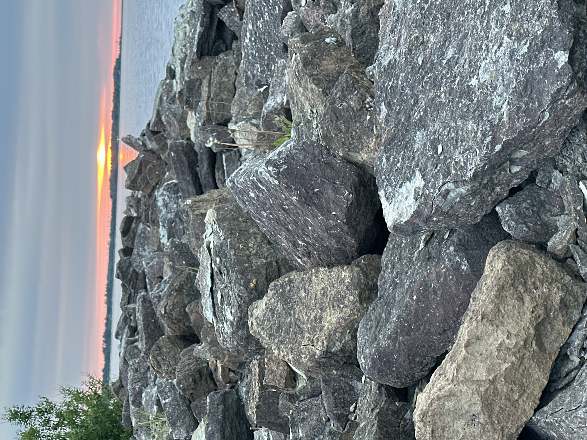 The image depicts a rocky shoreline with a body of water stretching towards the horizon under a cloudy sky. The sun is setting, casting a warm orange glow on the horizon and reflecting on the water. In the foreground, a jumble of large, rough-hewn rocks dominates the scene, with smaller stones and some sparse vegetation scattered among them. A green tree with dense foliage is visible on the far left side of the image. The overall impression is one of a natural, rugged coastal landscape. This scene does not have any identifiable landmarks or features that would suggest a specific location within Tallinn, Estonia.