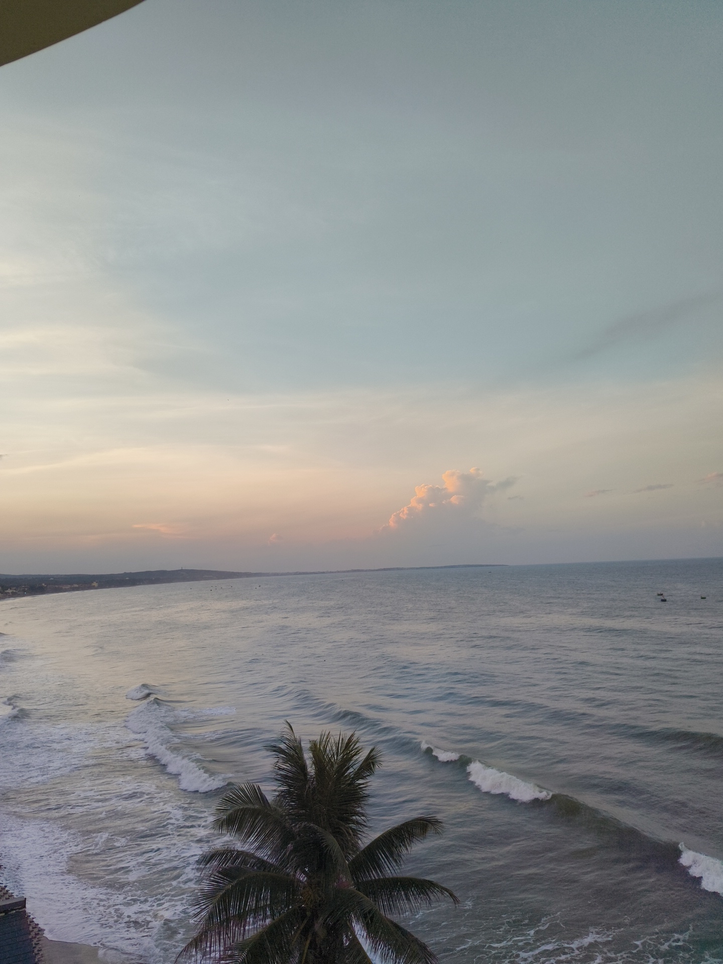 This image depicts a serene coastal scene at dusk, likely in Phu Thuy Ward, Vietnam, given the presence of a tropical coastline and calm ocean waters. The sky is a soft gradient of pale blue and pink hues, with a few wispy clouds. The ocean stretches out to the horizon, with gentle waves breaking on the shore. A lone palm tree in the foreground adds a tropical element to the composition. In the distance, the coastline is visible, dotted with some structures and possibly a lighthouse. A few small boats are scattered across the water, suggesting local fishing activity. The overall mood is peaceful and tranquil.