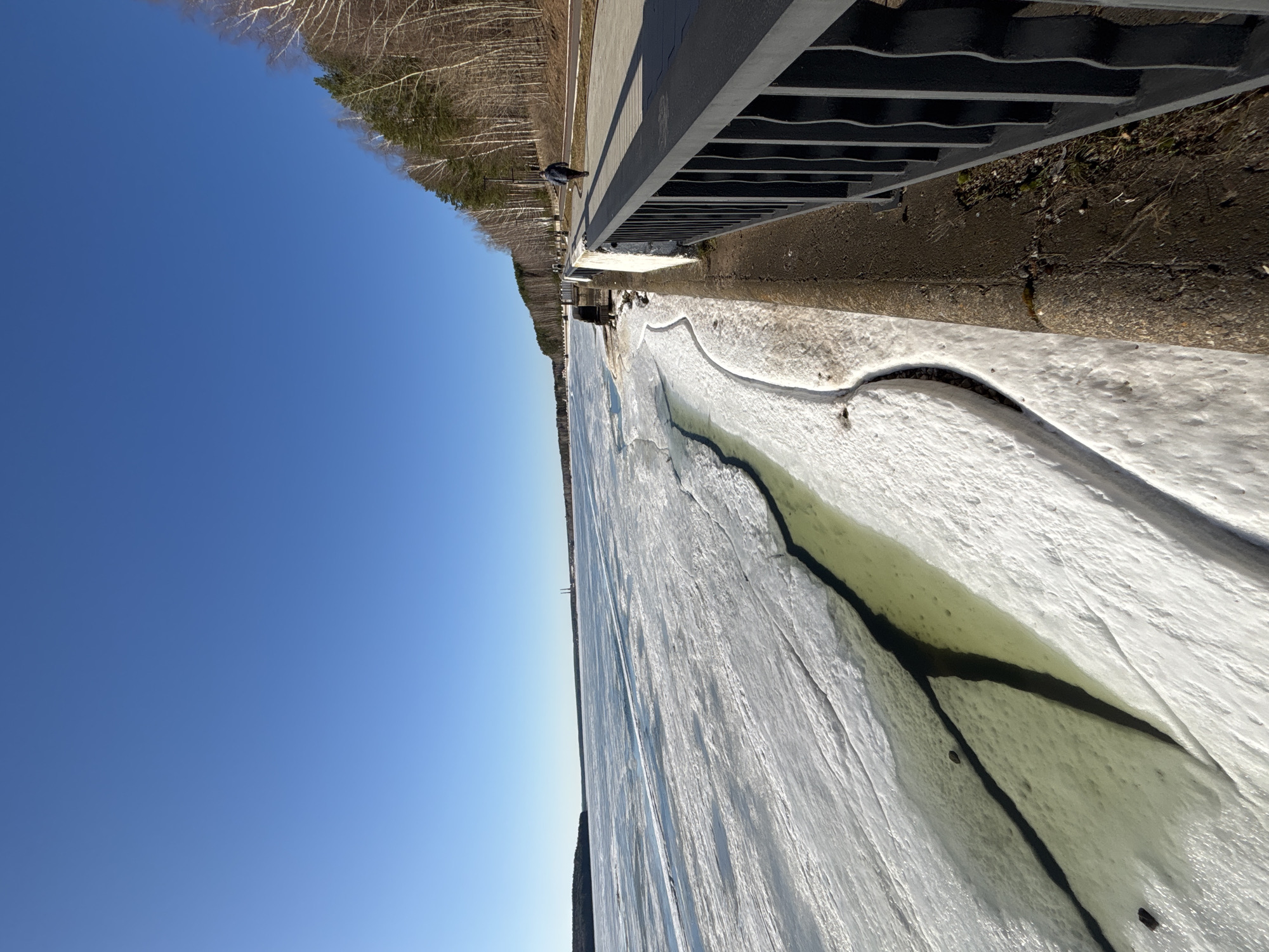 The image shows a frozen body of water in the city of Chaikovsky, Russia. A metal railing runs along the edge of a concrete barrier, with a small patch of vegetation visible behind it. The sky is clear and blue. In the background, there are bare trees without leaves. The surface of the frozen water is cracked and shows some discoloration, with a darker area running through the center.