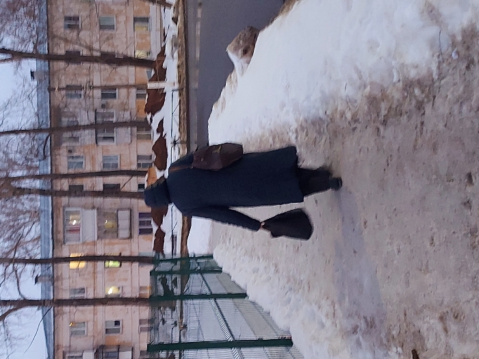 An individual is depicted walking away from the viewer on a partially cleared sidewalk in Chaikovsky, Russia, during winter. The person, dressed in a dark, hooded winter coat, dark trousers, and dark shoes, carries a dark bag in their left hand and a brown shoulder bag on their right shoulder. The sidewalk, which occupies the lower half of the frame, is composed of concrete or asphalt, exhibiting patches of snow, ice, and dirt. To the left, a green metal mesh fence parallels the sidewalk. To the right, a significant snowbank separates the sidewalk from what appears to be a dark, wet or icy paved street. In the background, a multi-story residential building with a light-colored, weathered facade is visible, featuring multiple windows, some illuminated, and several balconies. Bare deciduous trees with slender trunks are interspersed between the sidewalk and the building. The sky is overcast.