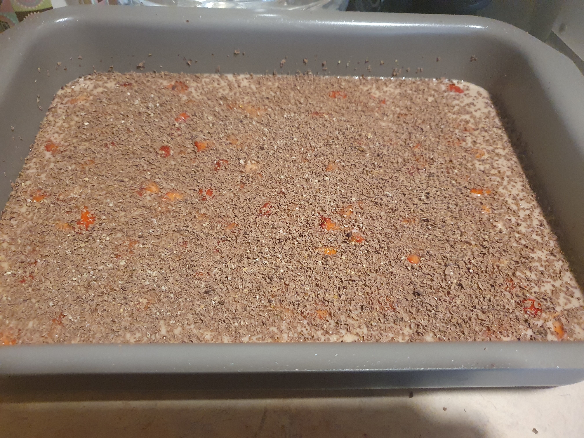 A gray, rectangular baking pan is filled with a liquid mixture covered in finely shredded chocolate and small pieces of red and yellow fruit. The scene's precise location within Plovdiv, Bulgaria, is not discernible from the image.