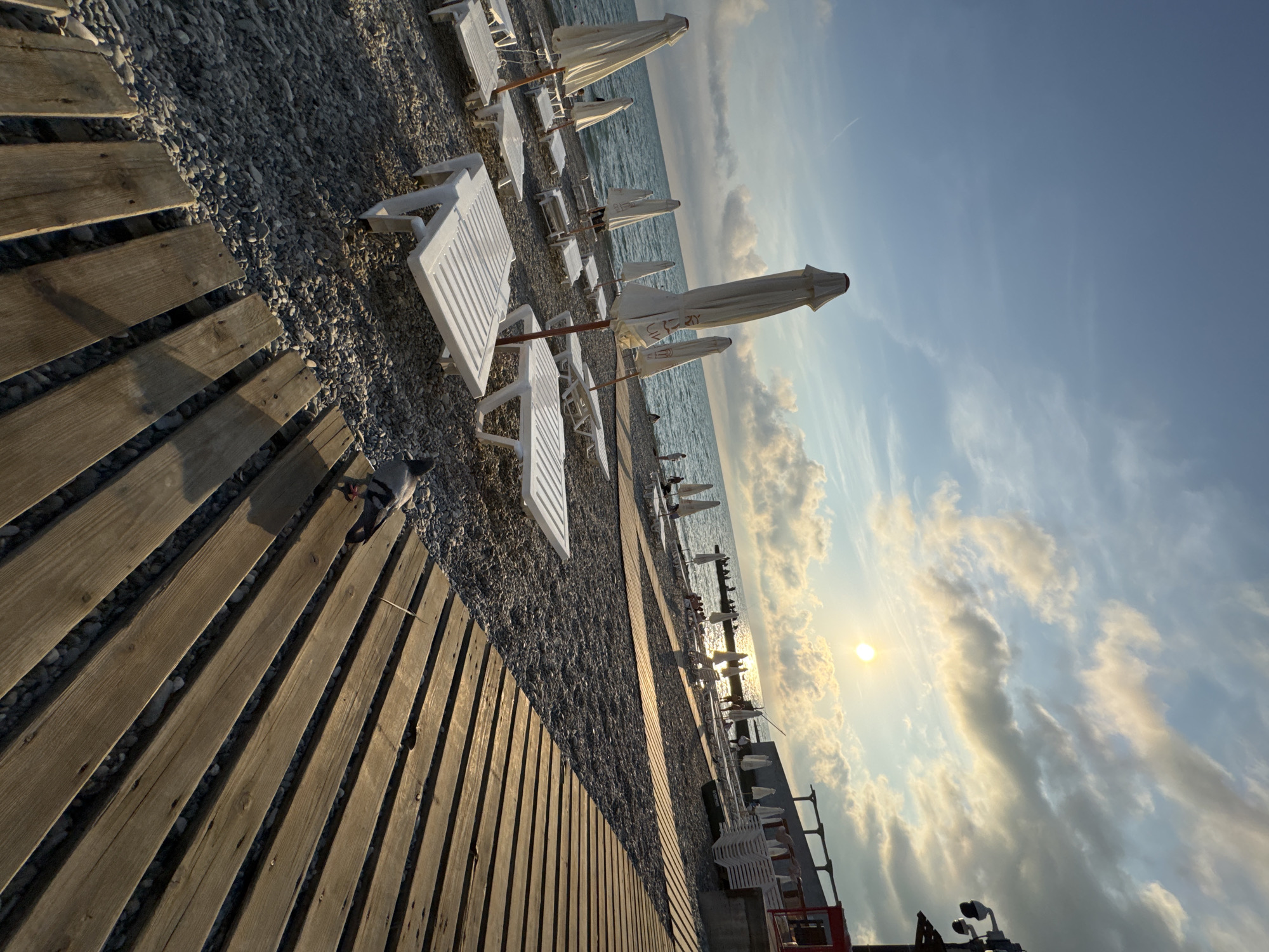 This image depicts a pebble beach in Sochi, Russia, near sunset. The foreground features a wooden boardwalk with parallel planks, a pigeon standing on it. Beyond the boardwalk, white sun loungers and closed umbrellas are arranged on the pebble-covered beach, leading to the calm sea. In the distance, the sun is setting over the horizon, casting a warm glow on the scattered clouds. Several people are visible on a pier in the middle ground, some sitting or standing. A few more sun loungers and umbrellas are situated further down the beach, and a red building structure is present on the right side of the image, possibly a cafe or restaurant. The overall scene is serene and evokes a sense of a peaceful evening at the beach.