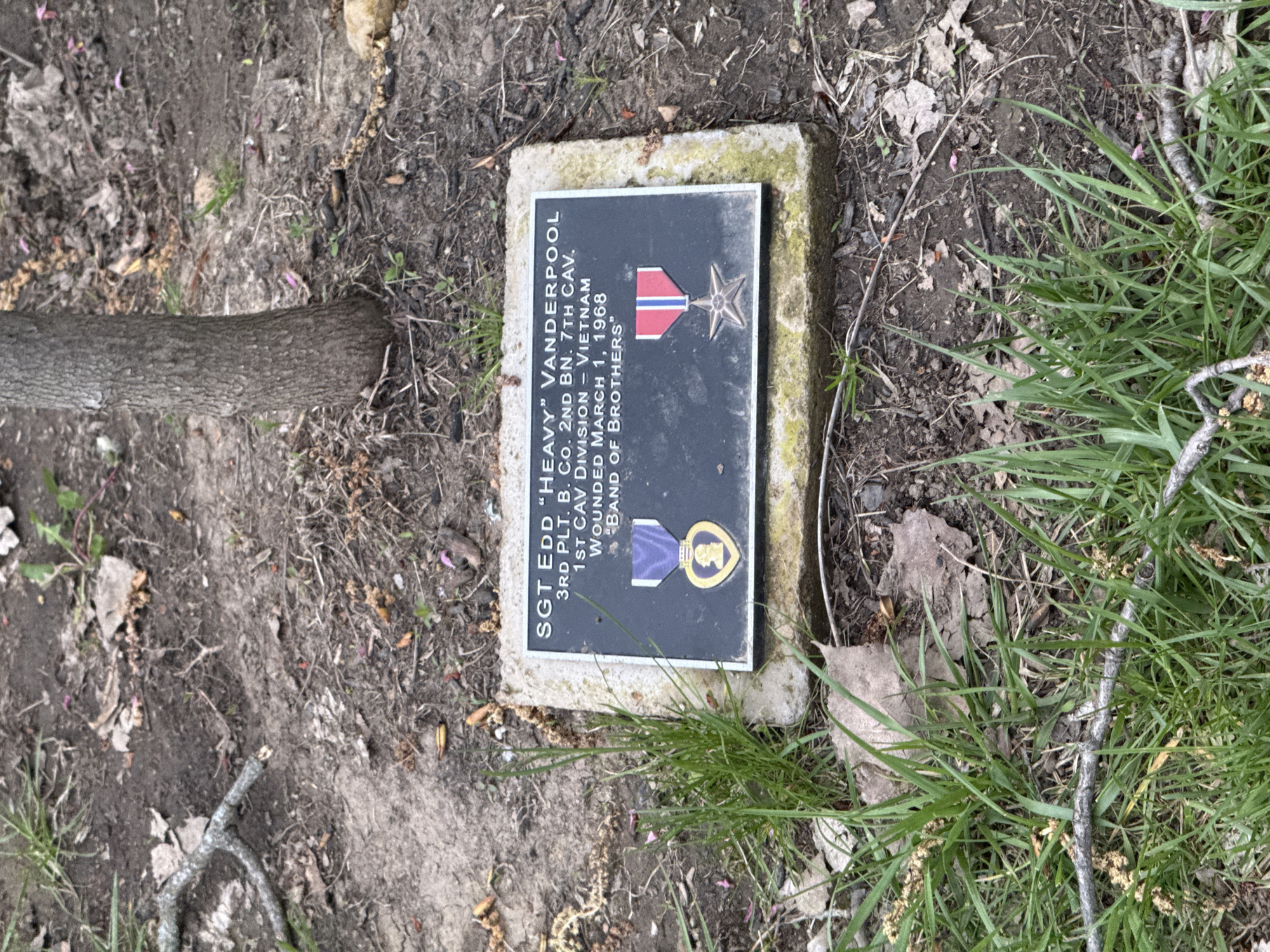 The image shows a grave marker for SGT Edd "Heavy" Vanderpool, a soldier who served in the 3rd Platoon, B Company, 2nd Battalion, 7th Cavalry, 1st Cavalry Division in Vietnam. He was wounded on March 1, 1968. The marker is placed on a concrete base and surrounded by dirt, grass, leaves, and small twigs. A small tree trunk is visible to the left of the marker. The location appears to be in Grove City, United States of America.