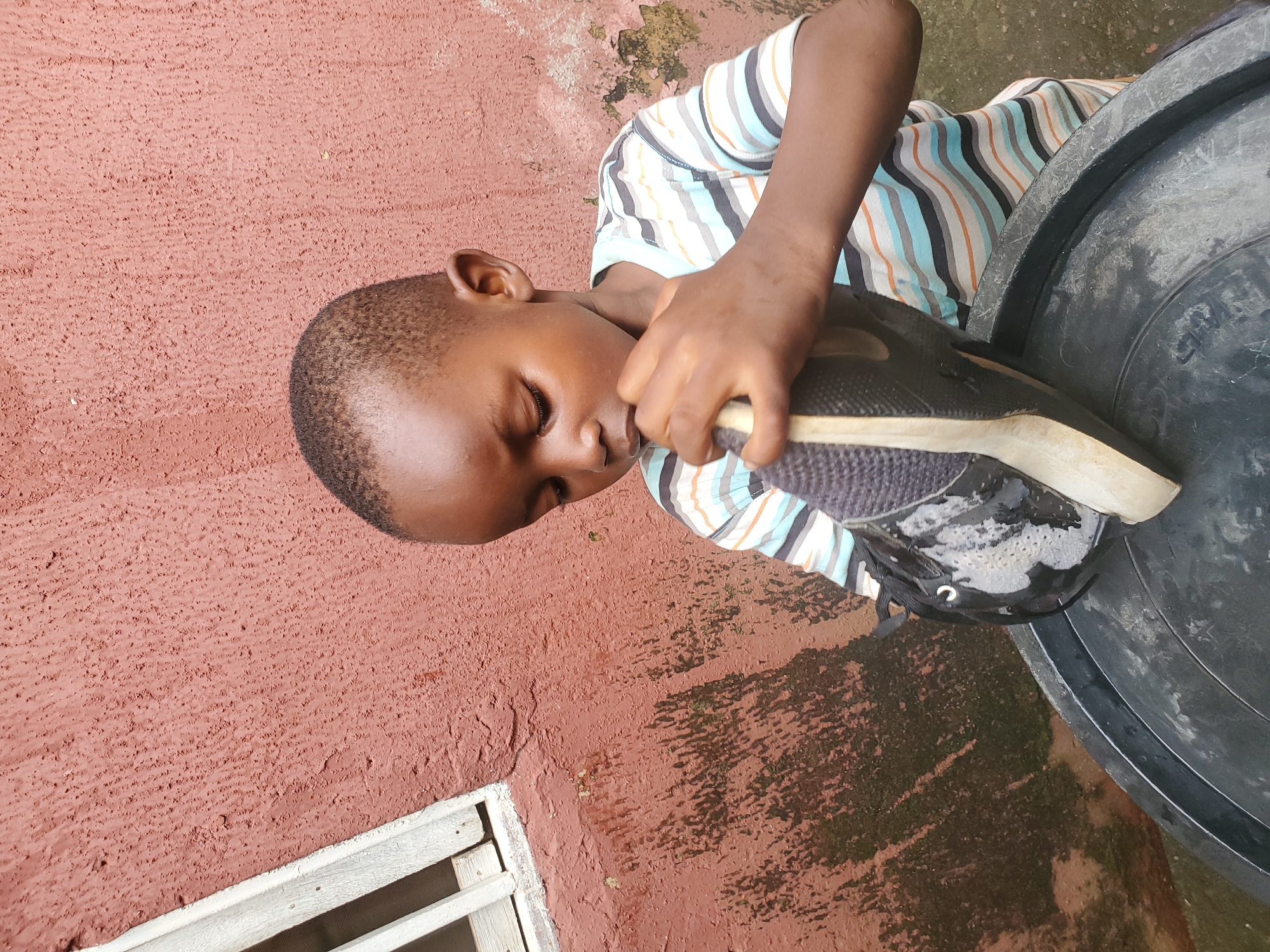 The image shows a young boy in Jos, Nigeria, engaged in cleaning a black shoe. He is wearing a striped t-shirt with blue, white, orange, and black stripes. The boy is holding the shoe, which appears to be made of mesh and synthetic materials, and is leaning it against a large black plastic basin or drum. The sole of the shoe is visible and appears to be a lighter color, possibly white or beige.
The setting is outdoors, indicated by the rough, reddish-brown wall in the background, which has a textured, stucco-like finish. There are some patches of green and dark discoloration on the wall, suggesting dampness or mold. Below the wall, a portion of a wooden structure with white slats, possibly part of a window or fence, is visible. The ground is a dark, wet surface with some green growth, possibly moss or algae, and appears to be concrete or a similar material.
The boy's gaze is directed downwards at the shoe, and his expression is one of concentration. His hand is actively engaged with the shoe, suggesting he is in the process of scrubbing or washing it. The lighting suggests it is daytime, with sunlight casting shadows. The overall scene depicts a common, everyday activity. No visible text is present in the image.