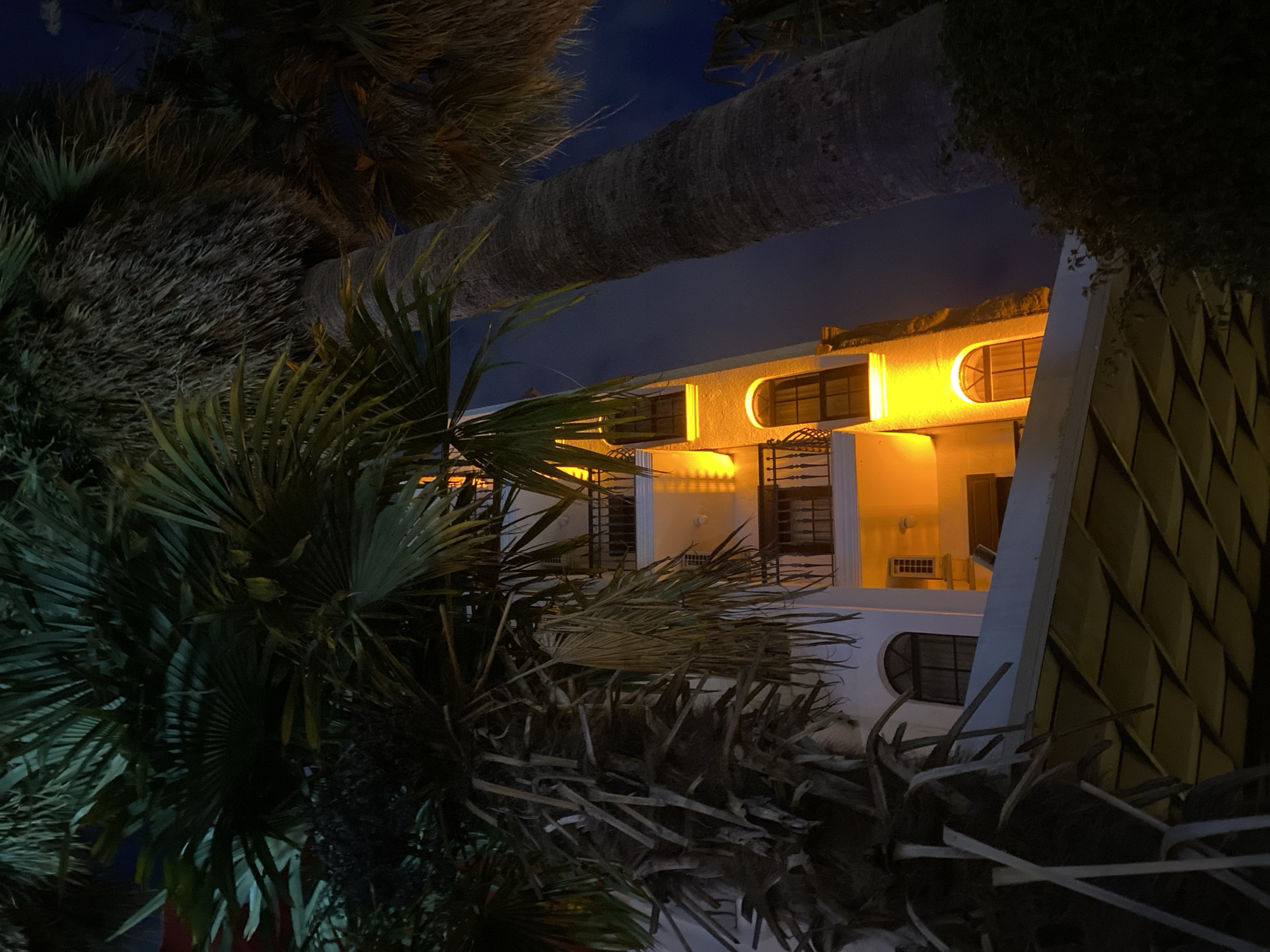 This media file captures a nighttime scene, likely in Alanya, Turkey, focusing on a brightly illuminated building framed by dense tropical foliage. The time of day is clearly night, indicated by the dark blue to black sky and the reliance on artificial lighting.
The primary subject is a two-story building with a light-colored, possibly white, facade. It features multiple windows, some rectangular and others distinctive with arched tops. These windows have dark frames and grilles. The building is intensely lit by warm, yellow-orange lights, which highlight its architectural details, particularly under ledges and around the arched windows, creating a welcoming glow. An air conditioning unit is visible on the second floor. To the right, part of a dark, decorative metal fence or gate can be seen, partially obscuring the building.
The foreground and sides are dominated by numerous palm trees. Their fronds appear dark green and brown, silhouetted against the night sky and the illuminated structure. Several large palm trunks traverse the upper section of the image, adding to the tropical atmosphere.
No specific activity or event is taking place; the scene is static. The strong contrast between the dark, shadowy foliage and the brightly lit building is a notable detail, contributing to a striking and atmospheric nighttime image. The overall setting suggests a resort or residential area in a warm climate. No visible text is present in the image.