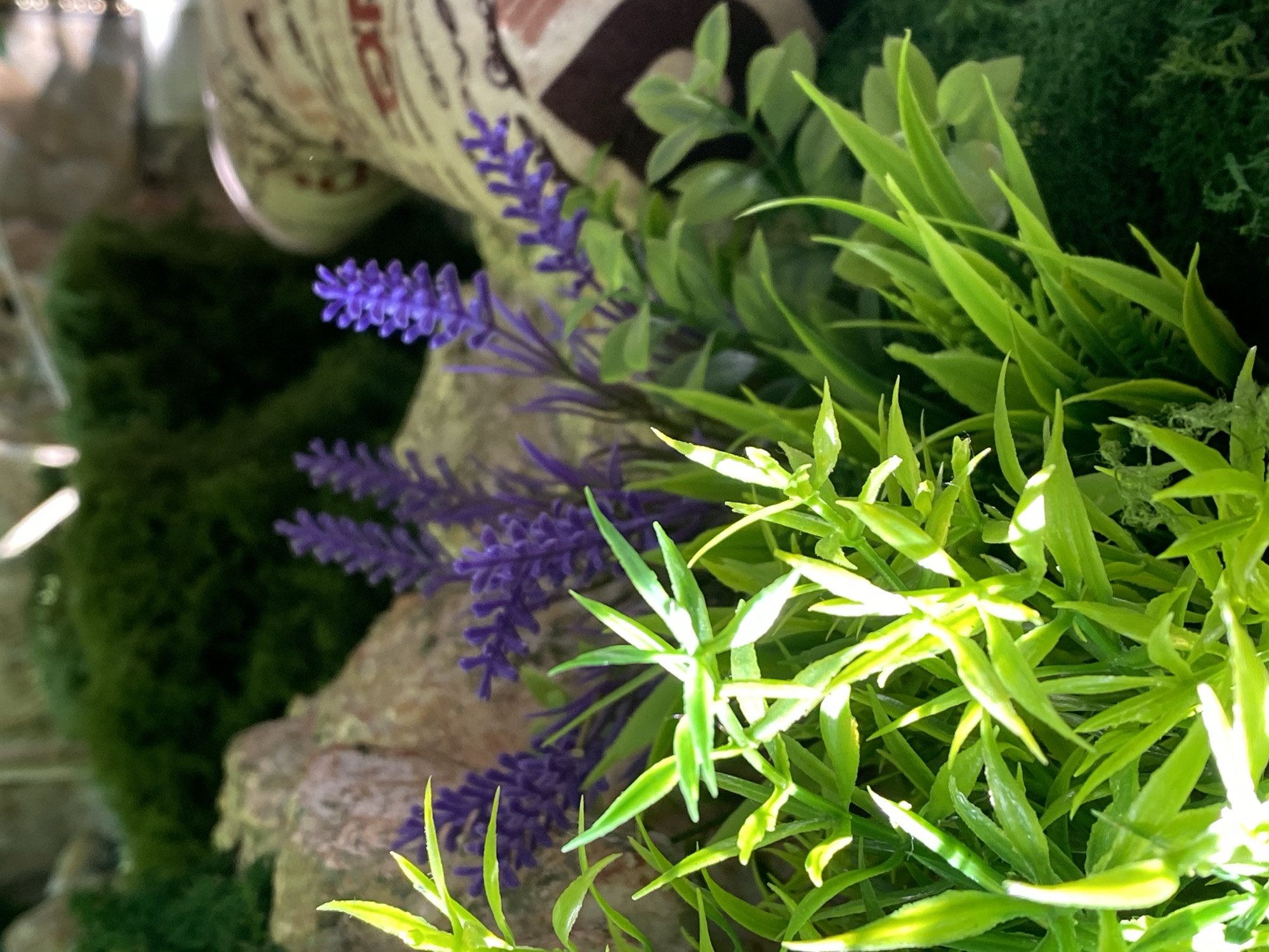 The image captures a vibrant close-up of a decorative arrangement primarily featuring artificial plants. In the foreground and extending towards the right, bright green, spiky foliage, resembling grass or narrow-leaved plants, is prominently displayed, with strong highlights suggesting bright illumination. Behind these, several stalks of artificial purple lavender flowers add a striking color contrast.
Interspersed among the plants are what appear to be light brown or grey rocks. In the mid-ground and background, various shades of green foliage are visible, including broader, rounded leaves and dense patches of dark green moss or similar ground cover.
In the upper left portion of the image, a cylindrical object, possibly a pot or vase, is partially seen. This object has a light-colored, patterned surface featuring vertical stripes and some blurred text. Portions of letters that could spell "EXPRES" or similar are faintly visible on this container.
The scene is static, depicting a carefully arranged display rather than an active event. The lighting is bright, creating distinct highlights and shadows on the plants and textures. The overall impression is one of a decorative, possibly indoor, botanical arrangement. The location context for this media file is Novokuznetsk, Russia.