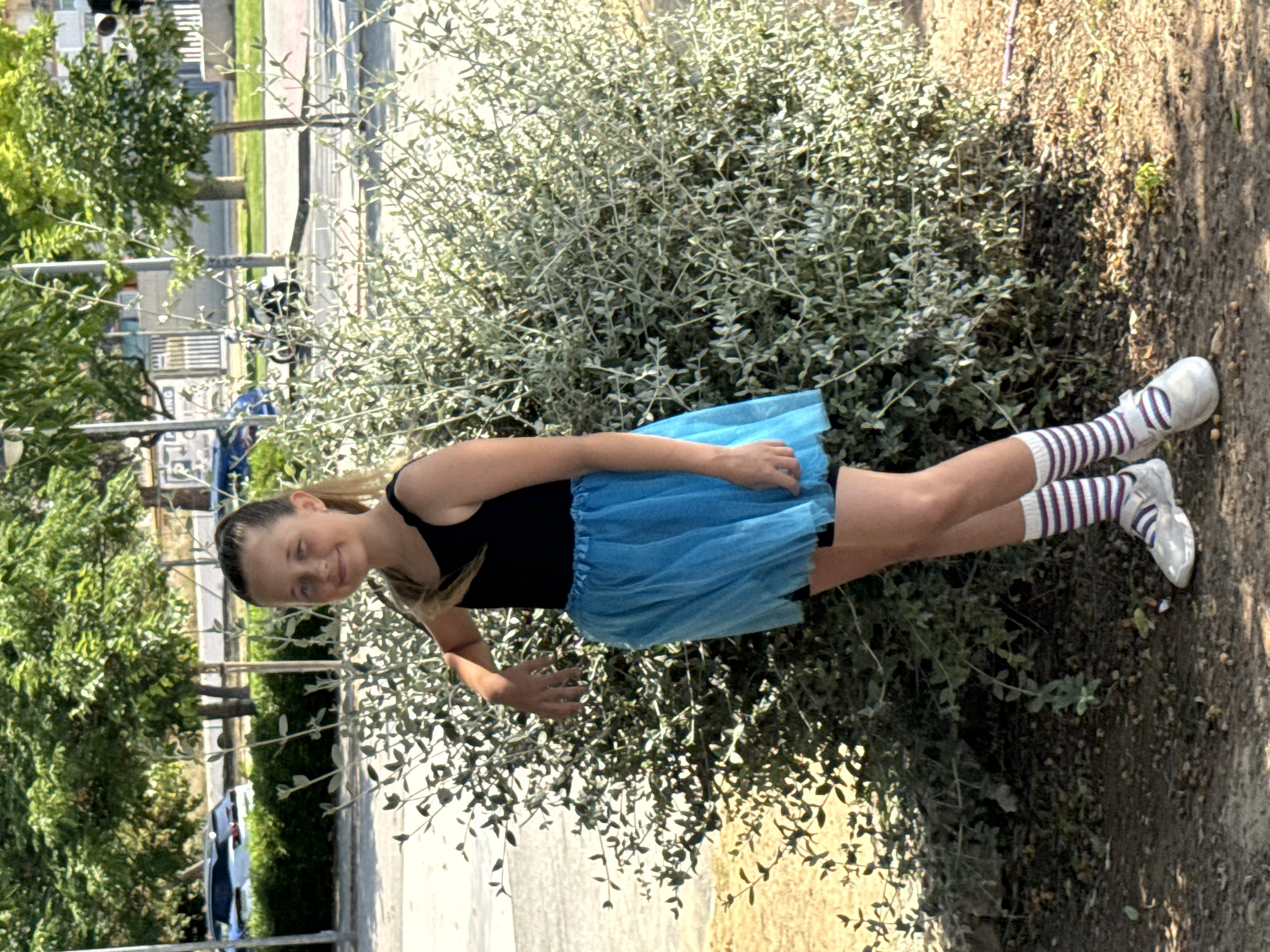 A young girl is outdoors next to a large bush. The girl has blonde hair in a ponytail, and she is wearing a black tank top, a blue tutu, striped knee socks, and white shoes. She is standing on dirt and partially obscured by the bush. In the background, there is a street with cars and greenery. The location is a city street.