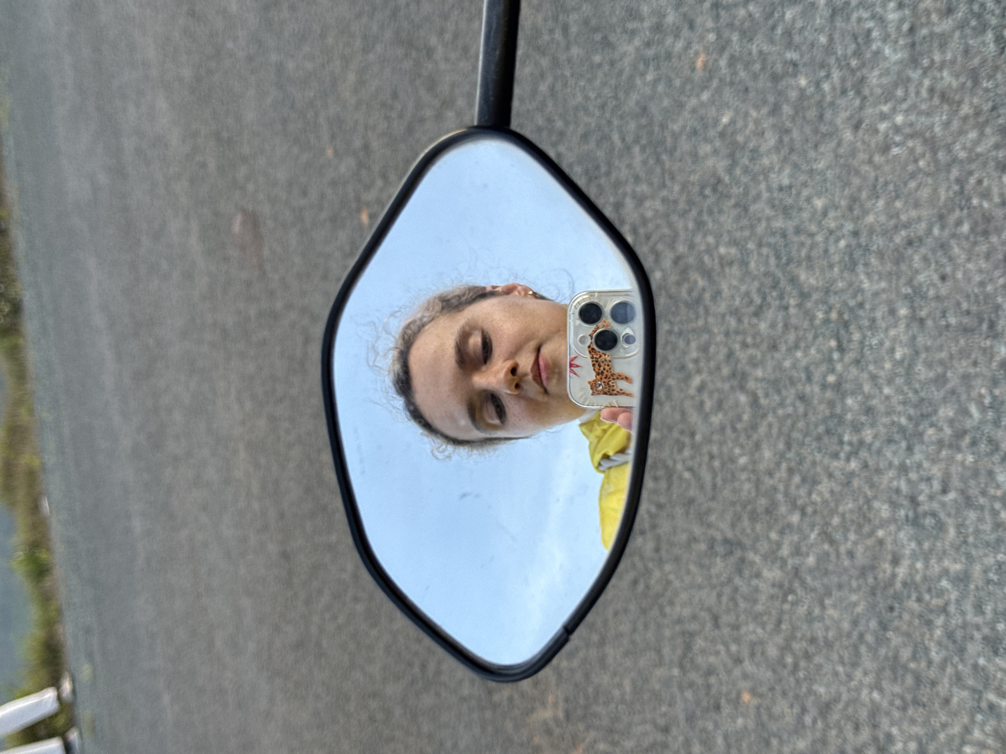 The image shows a mirror reflecting a woman holding a phone. The mirror is attached to a black metal rod. The woman's face is visible, and she is holding a phone with a clear case decorated with a cheetah or leopard pattern. The background around the mirror is a gray paved surface, which could be a road or sidewalk. Vegetation is visible on the side. The location in the city of Trường Thọ, Vietnam, cannot be confirmed without additional information.