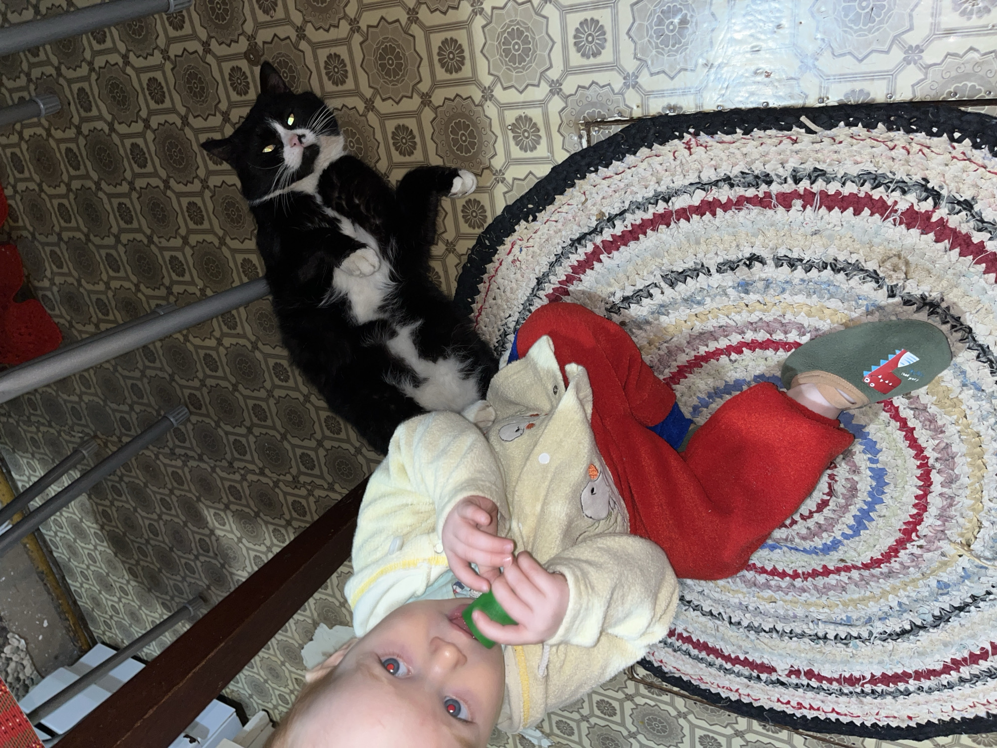 A top-down shot shows a baby lying on its back on a circular rug. The baby wears a yellow hooded outfit with elephant designs and red pants. A green pacifier is in the baby's mouth. A black and white cat lies near the baby, with its paws tucked. The rug has a circular pattern with white, red, blue, and black stripes. The floor has a geometric tile pattern. A portion of what appears to be a crib or playpen is visible in the lower left. The location is suggested to be Сосново, Russia.