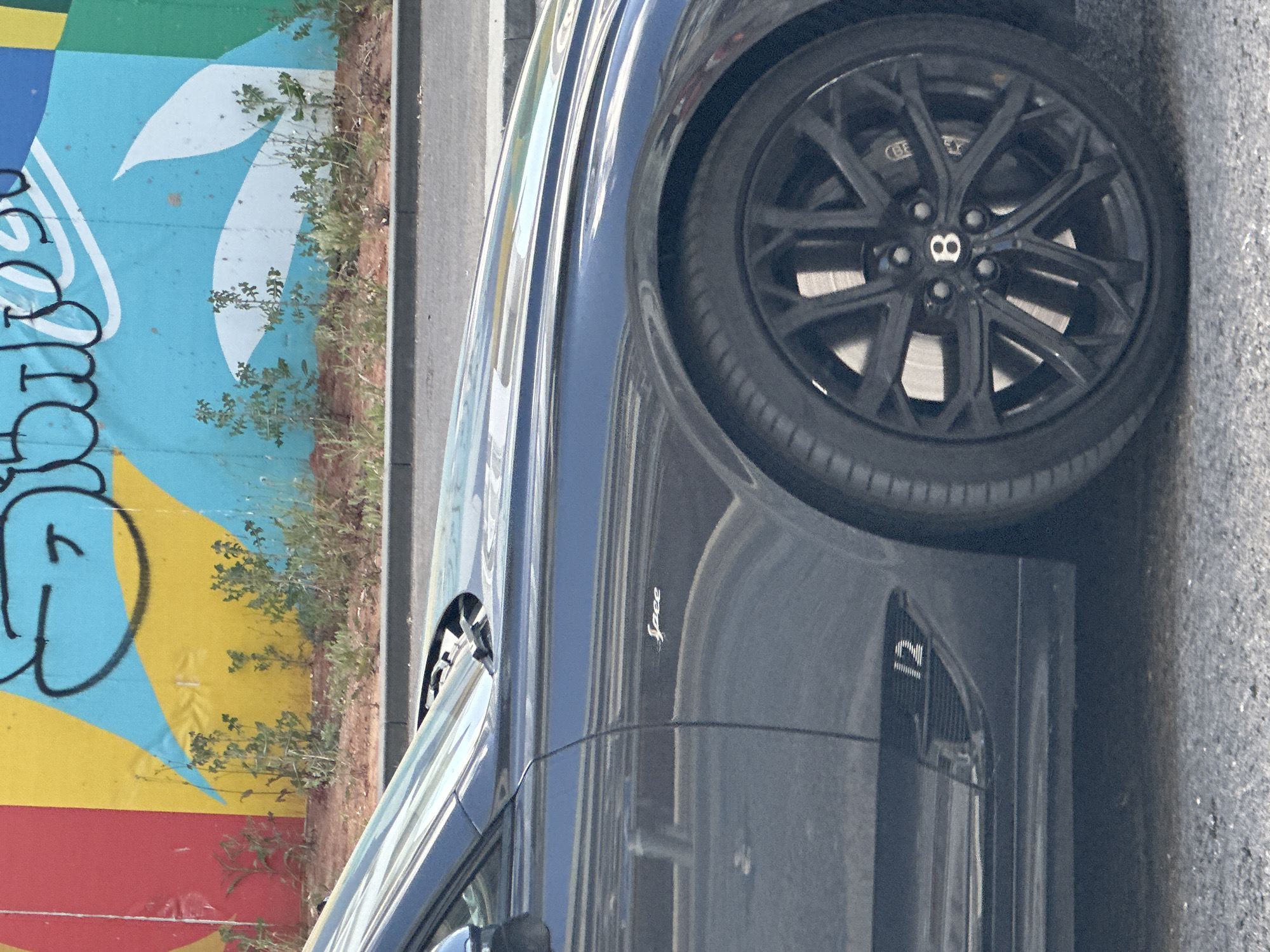 The image, rotated 90 degrees clockwise, captures the side profile of a dark luxury car parked alongside a vibrant, graffiti-covered wall.
The primary subject is a dark-colored, high-performance automobile, likely a Bentley SUV, visible from its front wheel to the middle of its side panel. The prominent multi-spoke black alloy wheel features a central 'B' logo on the hubcap and the word "Bentley" faintly visible on the brake caliper. Further along the car's side, a stylized script reads "Speed," indicating a performance variant. Below this, on a side vent, the number "12" is visible, signifying a 12-cylinder engine. The car's paintwork reflects its surroundings, showing subtle highlights.
To the left of the car, a concrete wall is adorned with colorful graffiti. The artwork features large, abstract shapes in bright green, light blue, yellow, and red. Black spray-painted text or symbols are partially visible on the light blue section. Small clusters of weeds and grass grow at the base of the wall, between the painted surface and the asphalt road where the car is situated.
The scene takes place during daylight hours, suggested by the bright illumination and distinct shadows. No people or specific activities are depicted, focusing instead on the parked vehicle and its urban backdrop. The setting conveys an urban environment, possibly in Tel-Aviv as per the context.