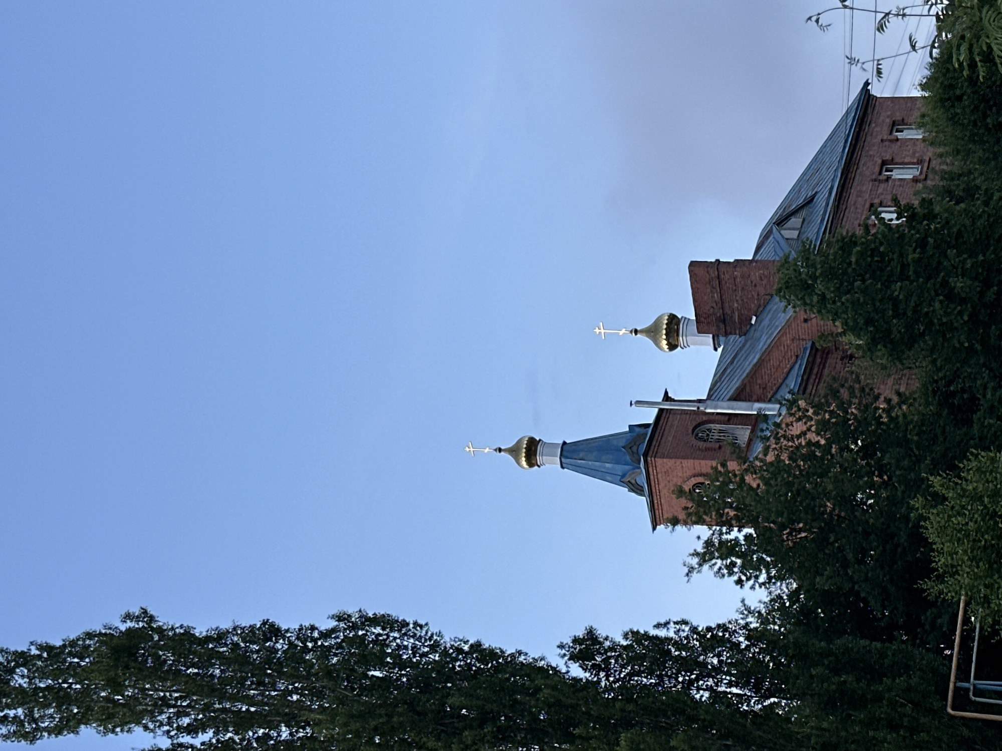 An upward-facing, outdoor shot captures a red brick building, identified as an Orthodox church, under a clear, light blue sky. The building features two golden, onion-shaped domes, each surmounted by an Orthodox cross. The primary dome, larger and more prominent, rests atop a blue conical roof section of a brick tower situated on the left side of the building's facade. This tower displays an arched window with a dark frame and a metallic vent pipe running vertically along its side. The second, smaller dome is positioned further right on the main roofline, adjacent to a substantial brick chimney. The building's roof is a metallic blue/gray. Visible on the lower section of the building are multiple rectangular windows with white frames. A small, triangular dormer window is also present on the main roof slope.
Dense green foliage, including a very tall, slender dark green tree dominating the left side of the frame, partially obscures the building, particularly its lower sections. Additional bushes and trees are clustered in the foreground and mid-ground. The sky, a consistent light blue, shows some faint, wispy clouds on the far right. The overall lighting suggests either early morning or late afternoon. No people or animals are visible in the scene. The location is an unknown city.