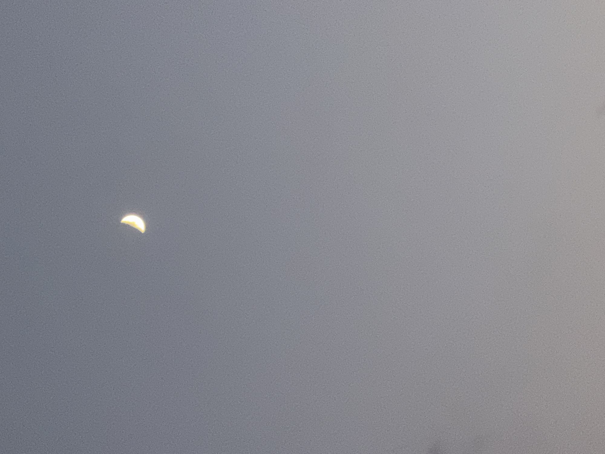 The image depicts a crescent moon against a gradient gray sky. The moon is positioned in the upper central portion of the frame, appearing as a sliver of yellow light. The sky itself is largely featureless, with a subtle shift in tone towards the bottom of the image, suggesting the horizon. There are no visible buildings, landmarks, or other contextual elements that would definitively place the scene in Tbilisi, Georgia. The image is characterized by its minimalist composition, focusing solely on the celestial body and the sky.