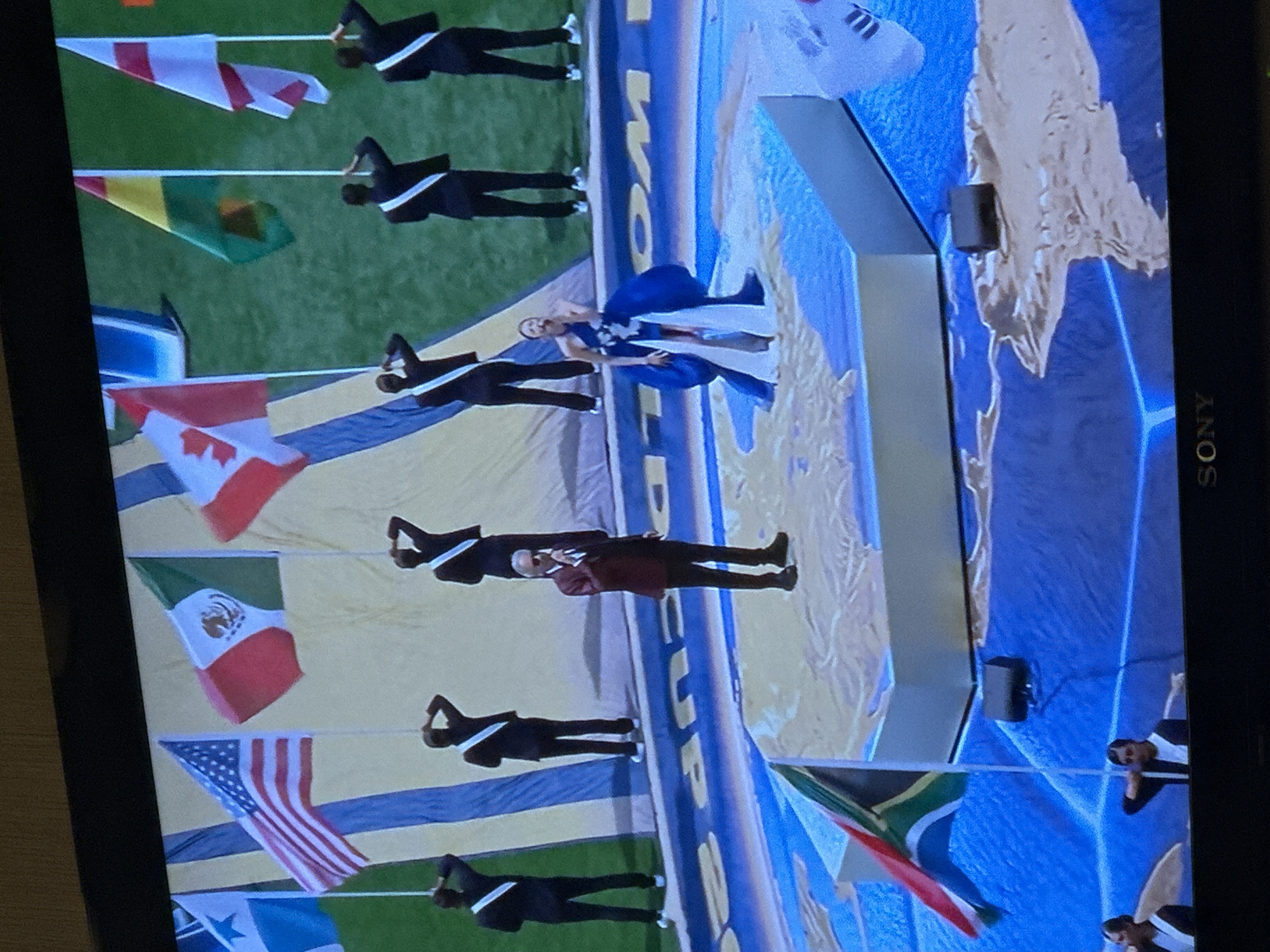 An overhead view shows a stage with flags and performers in a stadium. The flags are held by people in black suits with white sashes. A singer in a blue dress is performing on a raised platform. The stage is decorated with a map of the world. The ground of the stadium is green. The words "WORLD CUP" are visible on the stage.