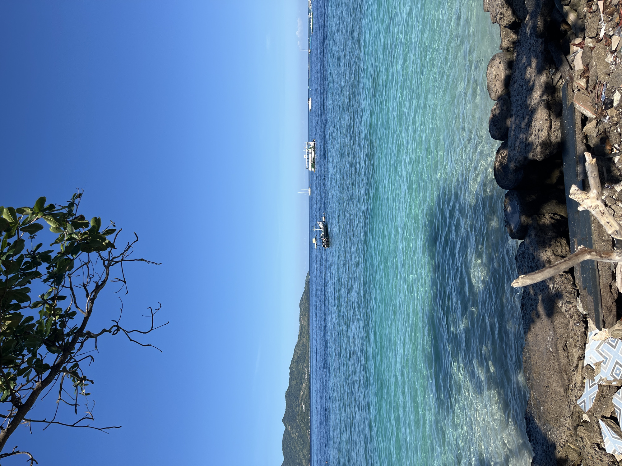 The image shows a coastline in an unidentified location in Indonesia. The sky is bright blue. On the left, a tree with sparse leaves is visible. The ocean extends across the middle of the image with varying shades of blue, from deep blue in the center to light turquoise near the shore. Several boats are scattered in the distance. A mountain covered with green vegetation can be seen in the midground. On the right, the coastline consists of dark rocks and debris including broken tiles. A piece of driftwood rests on the rocks. The water is clear near the shore, revealing the texture of the seabed.