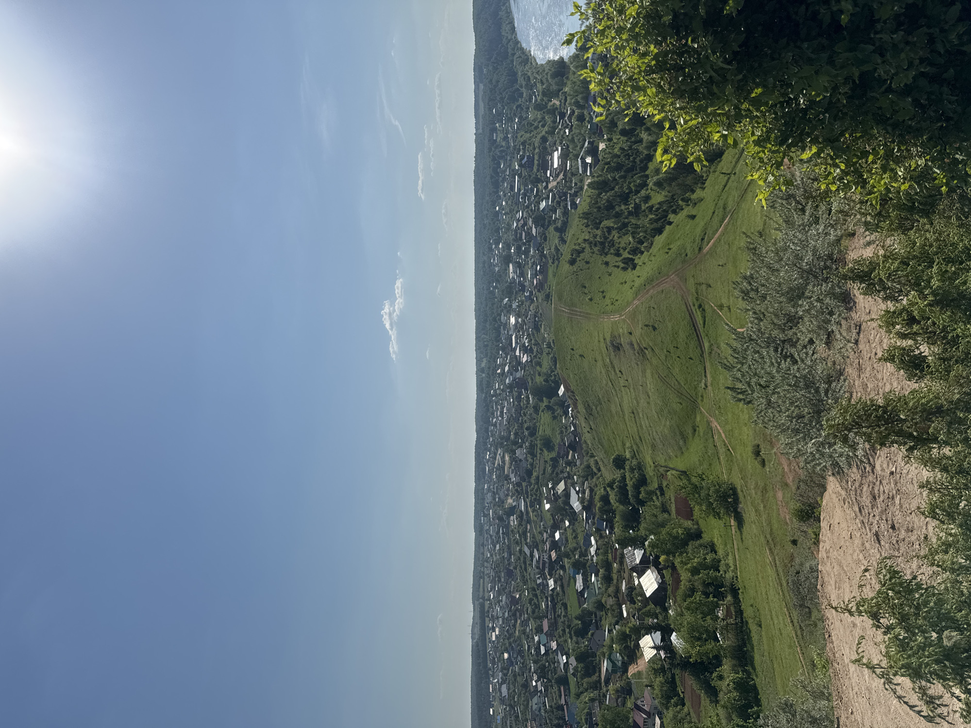 The image depicts a view from a height over the city of Ольховка, Russia. The foreground includes vegetation, possibly from a cliff edge. Below, a dense residential area with numerous buildings is visible, transitioning into a grassy field marked with pathways. In the distance, a body of water and clear sky are present. The scene is bathed in bright daylight.