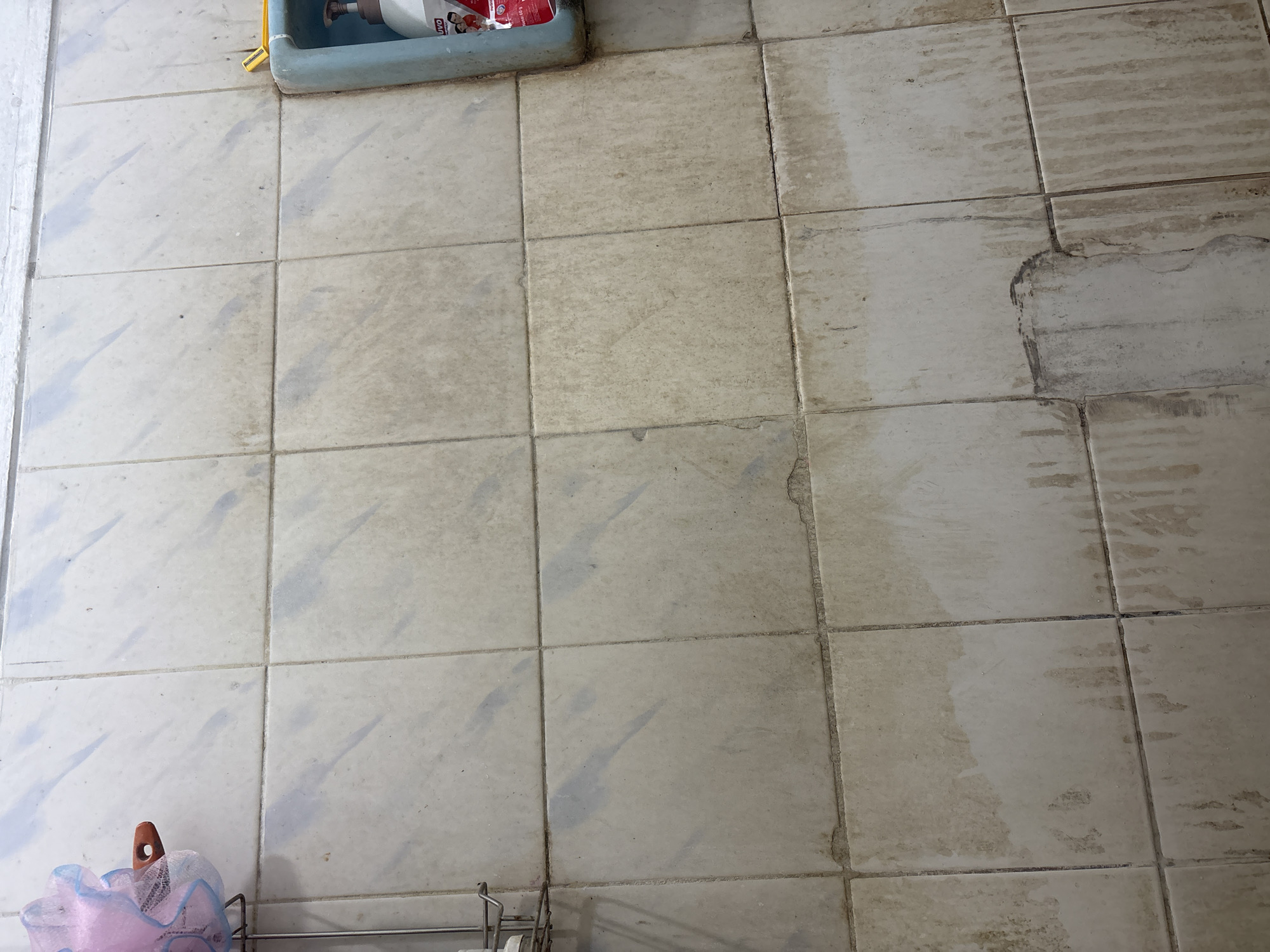 The image shows a tiled wall in a bathroom, likely in a residential setting in Palimanan, Indonesia. The tiles are light-colored and appear to be dirty and stained, with evidence of water marks and grime, particularly towards the bottom of the frame. On the left side of the image, a pink and blue shower puff is hanging on a metal rack. On the right side, a blue plastic soap dish or dispenser is visible, containing a white bottle with a red label, likely shampoo or body wash. The overall impression is that of a used and somewhat neglected bathroom environment.