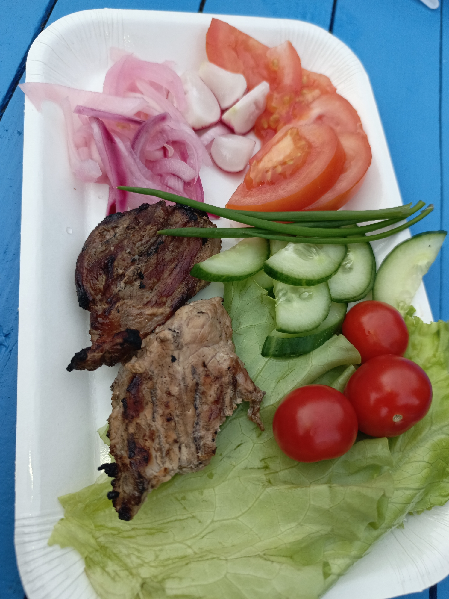 A plate of food rests on a blue surface, potentially a table or picnic bench. The plate appears to be made of white disposable material. Food items on the plate include two pieces of grilled meat, sliced red onions, diced radishes, tomato slices, sliced cucumber, three cherry tomatoes on a bed of lettuce, and three green onions. The location of the image is not explicitly mentioned as being in Chaikovsky, Russia.