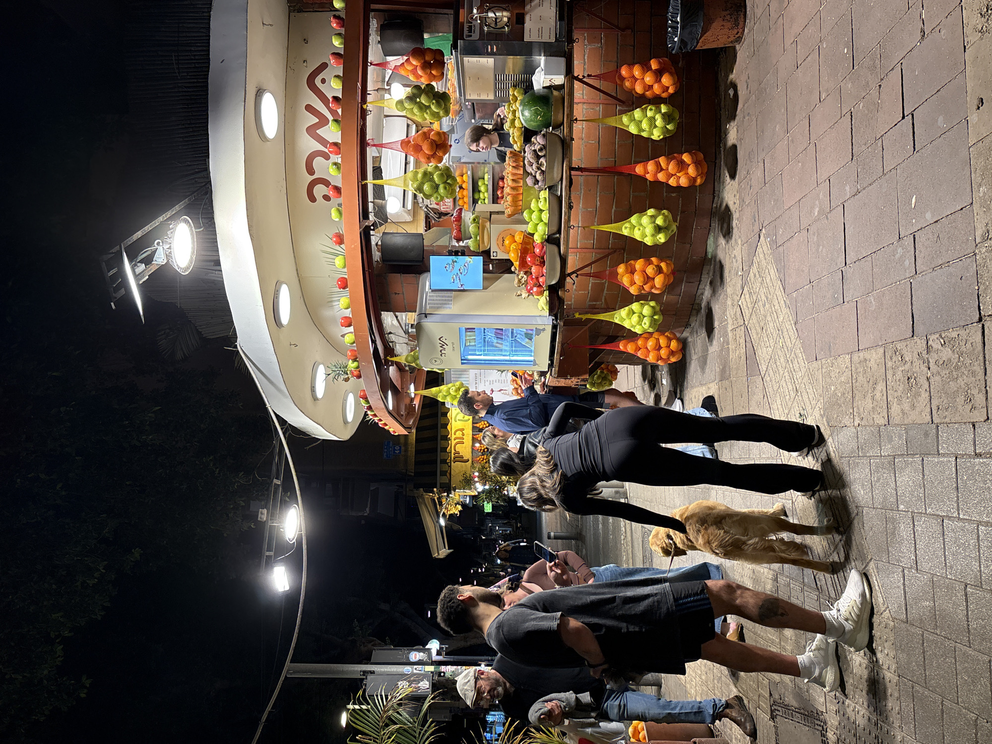 The image depicts a nighttime scene in Tel Aviv, Israel, showing a street vendor selling fresh fruit. The vendor's stall is decorated with strings of fruits, and a young woman is working there. Several people are standing around the vendor stall. Some are looking at their phones, and a dog is standing with them. The scene is illuminated by streetlights. The street is paved with rectangular brick stones.