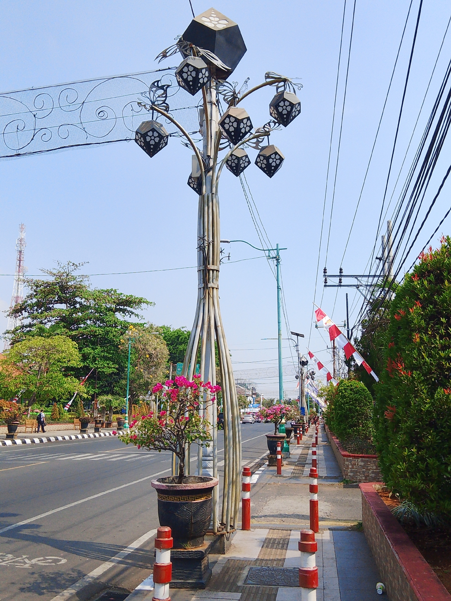 This is a street-level view of a road in Jepara, Indonesia, likely a main thoroughfare given the width of the road, the presence of multiple lanes, and overhead utility lines. The scene is characterized by a bright, clear sky and warm sunlight, casting distinct shadows.
Dominating the left side of the frame is a decorative lamppost that resembles a stylized tree, with multiple cube-shaped lamps adorned with a floral pattern. The lamppost is tall and metallic, with a series of curved branches supporting the lamps. Below the lamppost, large potted plants, including one with vibrant pink flowers, are placed along the sidewalk. Red and white striped bollards line the edge of the sidewalk, separating it from the road.
The road itself appears to be asphalt with white lane markings. A bicycle lane is indicated by a white painted symbol. A few cars are visible in the distance on the road. A person, a male wearing dark clothing, is walking on the sidewalk further down the street.
The right side of the image features a well-maintained sidewalk with a patterned tiled surface. Dense green hedges line the sidewalk, with some showing reddish new growth. Several Indonesian flags (red and white) are displayed, some hanging from poles and others attached to utility lines, suggesting a festive or commemorative occasion. Utility poles and a complex network of wires are prominent in the background, along with a distant radio tower.
The overall impression is one of a well-kept urban environment with decorative street furniture and nationalistic symbols, possibly during a period of celebration.