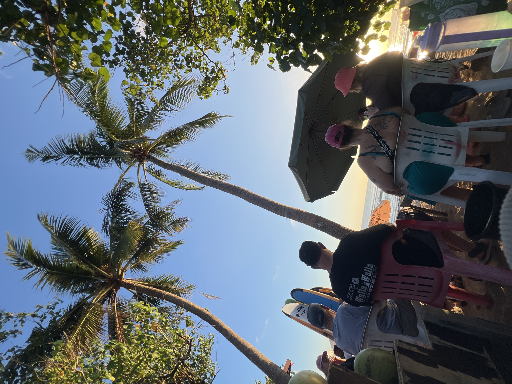 The image depicts a beach scene in Kuta, Indonesia, likely at sunset, with several individuals seated in chairs. Two prominent palm trees frame the sky, which is clear blue with hints of soft sunset light. In the foreground, a group of people are seated, facing away from the camera and towards the ocean. They appear to be at a beachside establishment, possibly a cafe or bar, as indicated by tables and seating arrangements.
Several surfboards are leaning against a structure behind the seated individuals, suggesting a surf-friendly location. The people are casually dressed, with some wearing hats. One person has a tattoo visible on their back. An open umbrella provides shade, and various items like coconuts and bottles are scattered around. The beach sand is visible beneath the chairs, and the ocean with gentle waves can be seen in the background, illuminated by the setting sun. The overall atmosphere suggests a relaxed evening at a popular beach destination.
