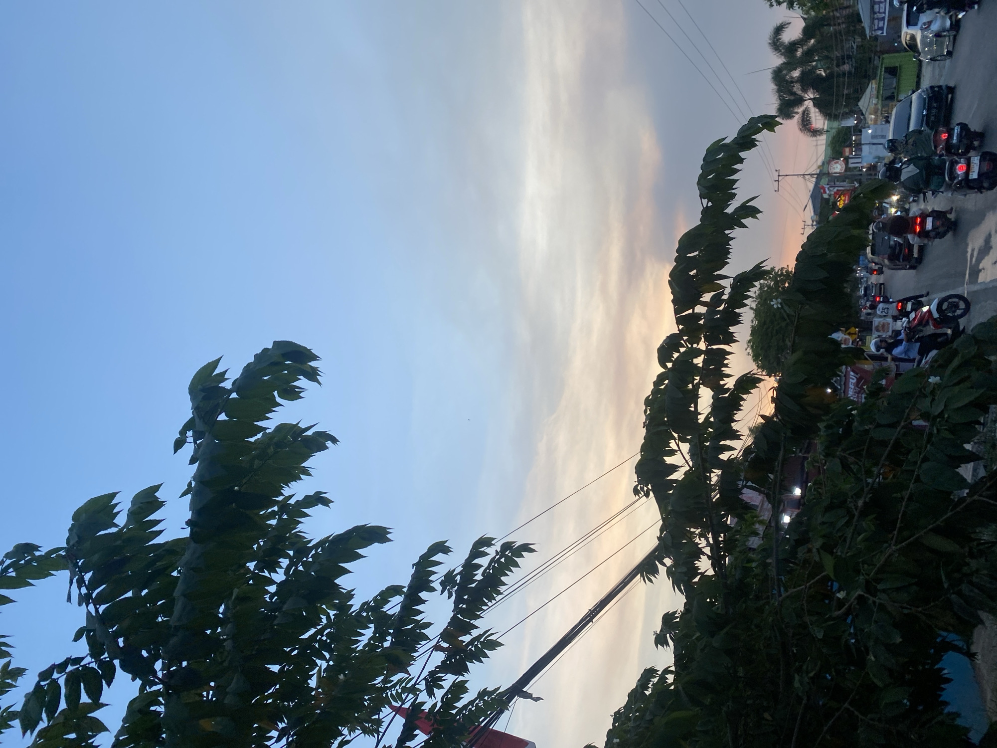 The image depicts a street scene in Banjarbaru, Indonesia, at dusk. The sky is a gradient of pale blue and soft orange, with wispy clouds. In the foreground, lush green tree branches overhang the street. A power line runs diagonally across the frame, suspended from poles. The street is busy with traffic, primarily motorcycles, with a few cars visible. People are seen riding on the motorcycles, some wearing helmets. Buildings and shops line the sides of the street, with illuminated signs and lights. Palm trees are visible in the background. The overall impression is of a lively urban environment at the end of the day.