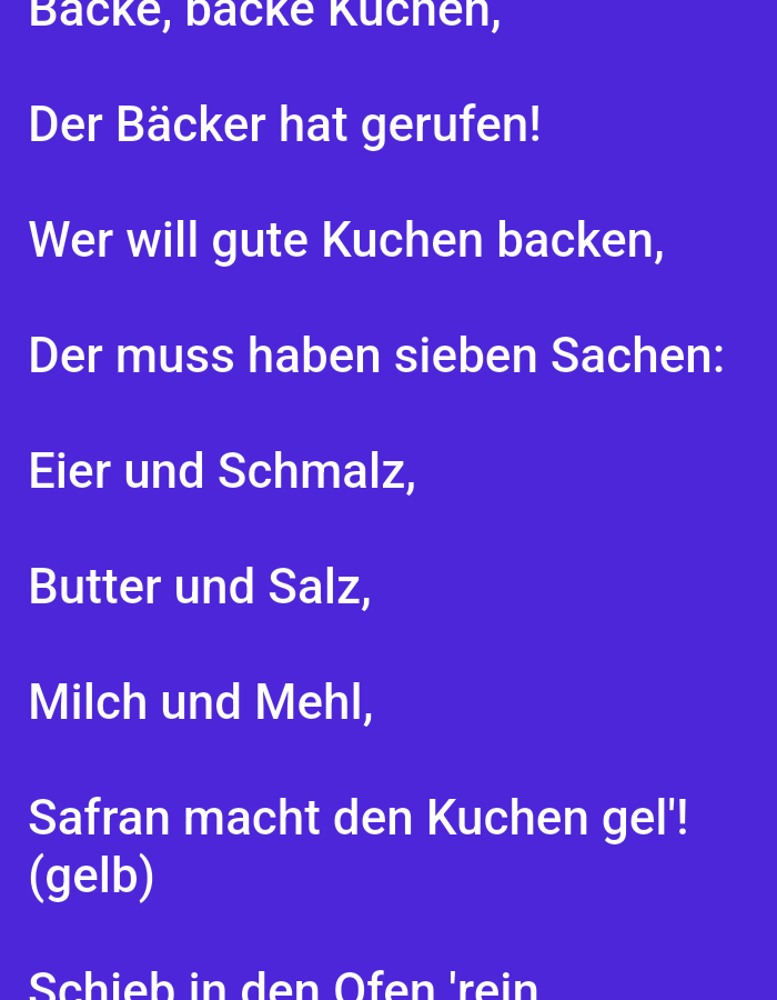 The image contains a purple background with white German text. The text appears to be lyrics from a song or a poem about baking. There are no people or objects visible in the image, and no information is provided about its location in Tallinn, Estonia.