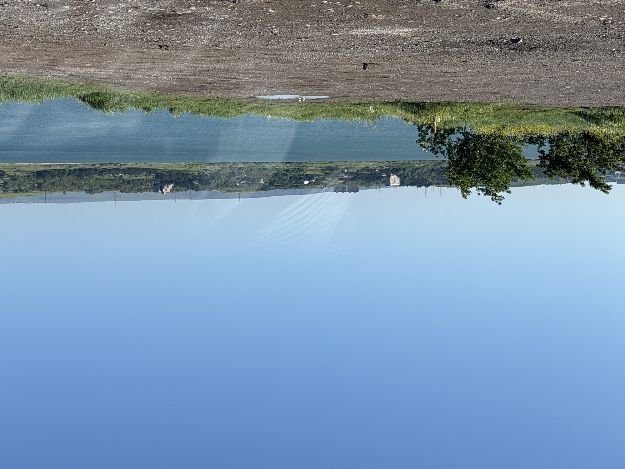 The image depicts a landscape with a clear blue sky taking up the majority of the frame. Below the sky, there is a body of water, reflecting the sky's blue hue. On the opposite shore, a line of trees and vegetation is visible, with buildings sparsely distributed along the landscape. Above the water, a strip of land or a road with gravelly texture is present. The overall composition is somewhat inverted, with the sky at the bottom of the image and the land at the top. Based on the details in the image, specifically the buildings in the background, this is most likely from near Tbilisi, Georgia.