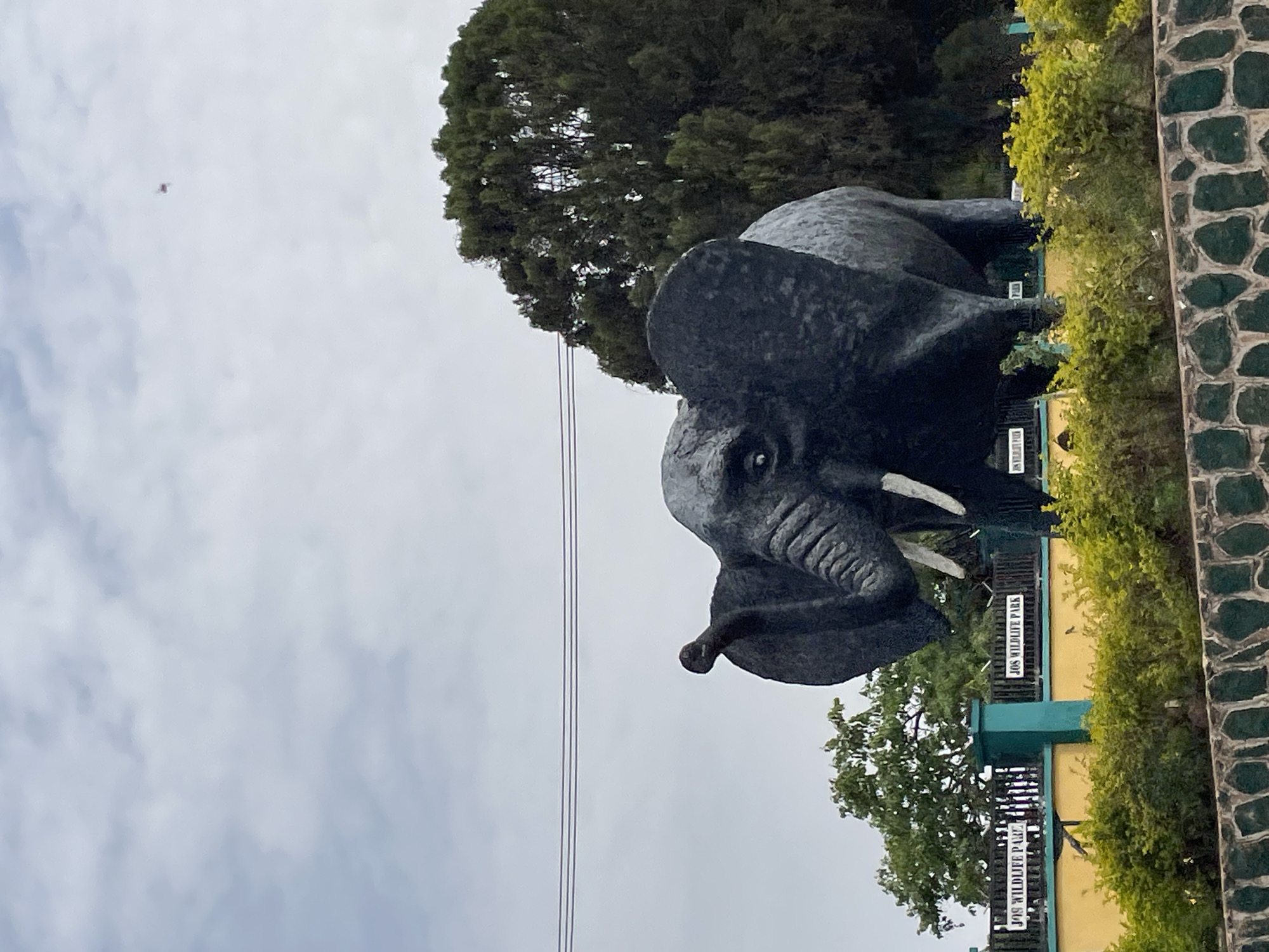 The image shows an elephant statue at the entrance of Jos Wildlife Park in Jos, Nigeria. The statue is large and dark-colored, with prominent tusks. The park's entrance sign is visible. The sky is overcast. There are trees and a stone wall in the background. Powerlines are also in the sky near the statue's head.