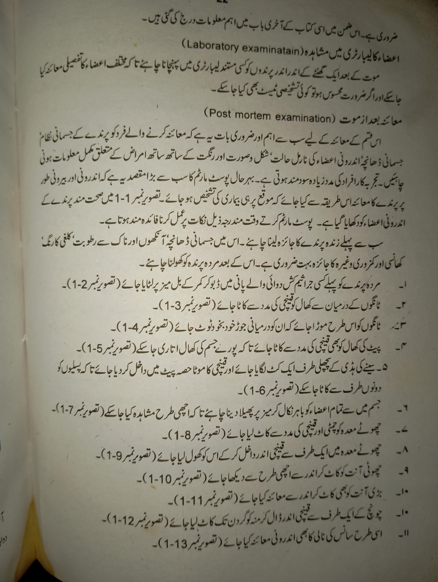 The image provided is a scanned page from a book, written in Urdu. It discusses laboratory examinations and post-mortem examinations of birds. There are no visual elements in the image that suggest a specific location in Mansehra, Pakistan, nor is there any imagery depicting a crime scene, people, objects, or actions relevant to forensic investigation. The content is purely textual and academic.