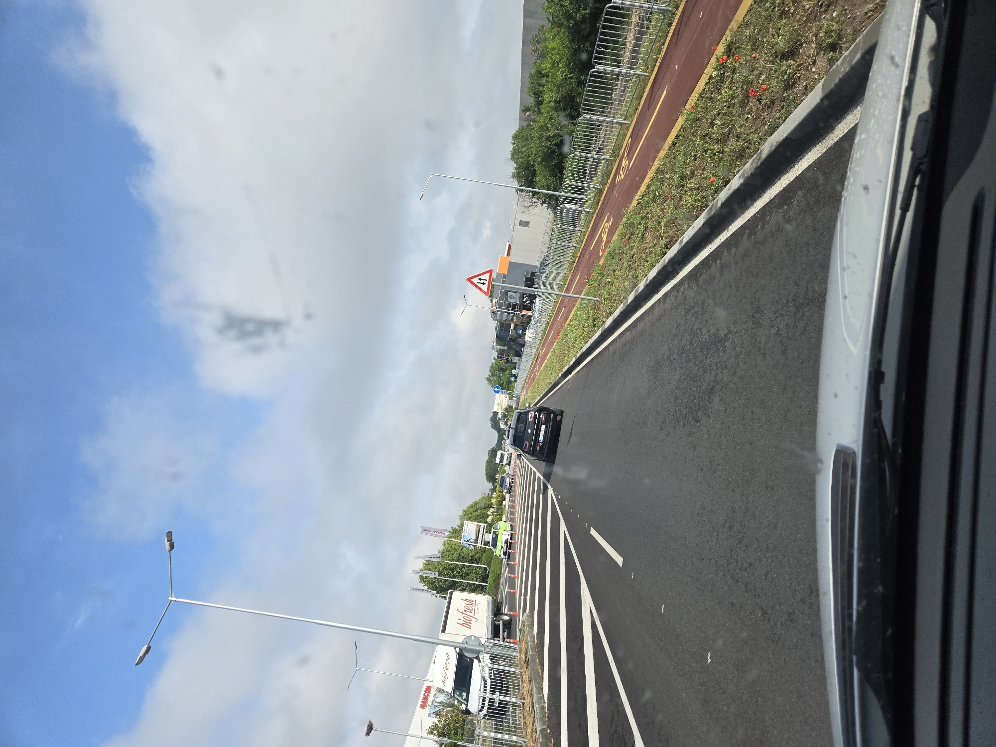 A daytime view from inside a moving vehicle captures a multi-lane road under a partially cloudy sky. The perspective is slightly angled, looking forward and to the right, showing the road and its immediate surroundings.
In the foreground, a dark asphalt road with clear white markings is visible. These include a solid white line, dashed lines, and diagonal white stripes indicating a separated or merging lane section. To the right, part of the vehicle's frame, likely the passenger side mirror area, is visible.
Alongside the road, a narrow curb separates the main traffic lanes from a red-paved path, likely a bike lane, which has yellow markings, including partially visible text that appears to indicate its purpose. This path is bordered by a metal safety fence, behind which is a strip of green grass with occasional small red flowers. Further back are various trees and industrial-style buildings.
Several vehicles are present on the road ahead: a black car in the closest lane and other cars and trucks in the distance. One white truck clearly displays the text "bio fresh" on its side. In the background, a building or sign also shows "MAXCOM".
Infrastructure elements include modern streetlights with dual lamps extending over the road. A red triangular warning sign with two vertical arrows, one pointing up and one down (indicating two-way traffic or potential merging/diverging traffic), is prominently displayed on the left side of the road. The sky above is a mix of bright blue patches and large white/grey clouds. The scene suggests an urban or suburban highway environment, possibly near commercial or industrial facilities.