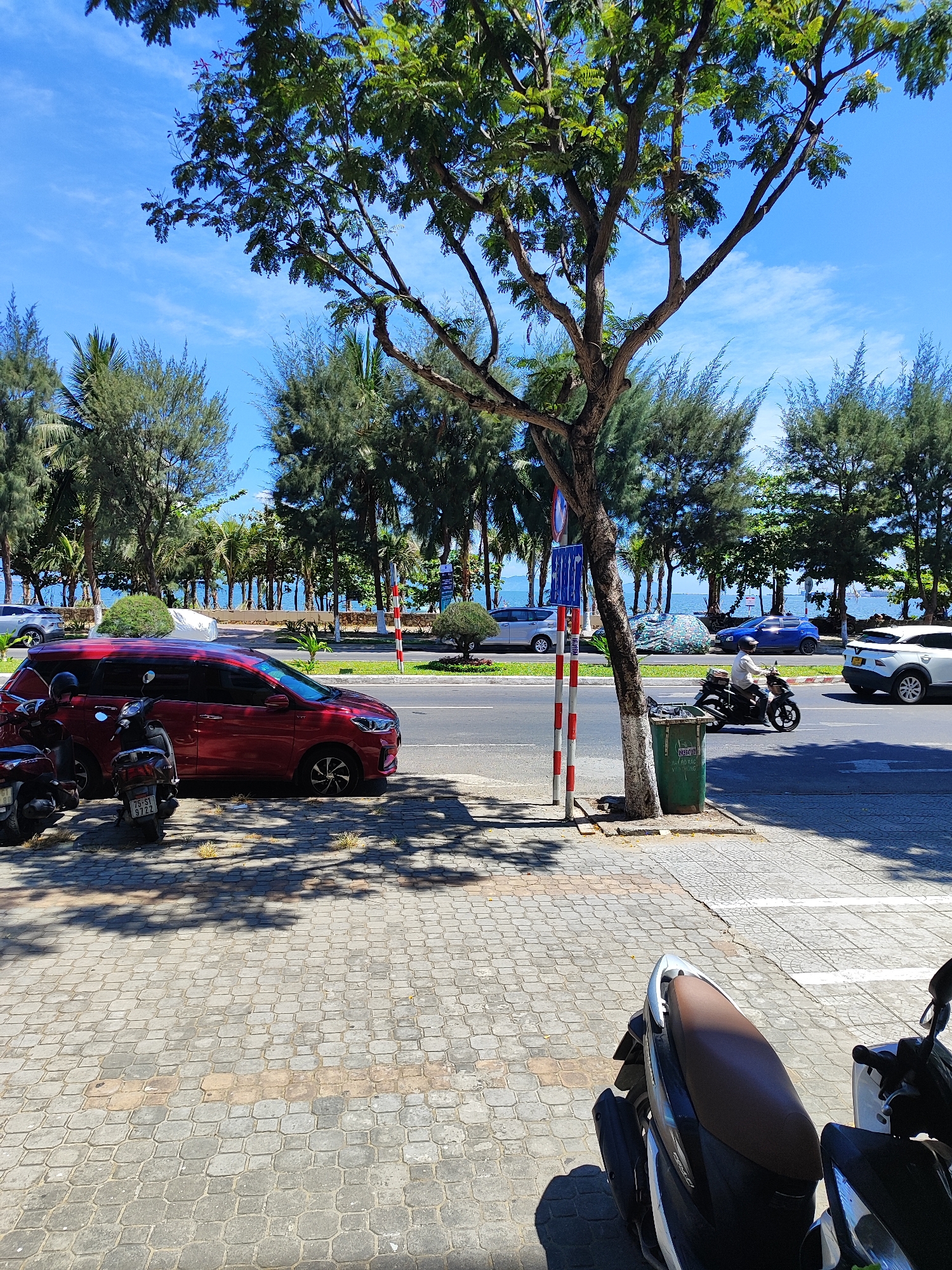 The image depicts a street scene in Đà Nẵng, Vietnam, on a sunny day. The foreground features a paved sidewalk made of interlocking gray stone blocks. Two parked scooters are partially visible in the lower corners of the frame. A tree casts shadows on the sidewalk.
The middle ground shows a street with a red car parked on the side and several other vehicles, including a white SUV, a blue car, and a motorcycle with a rider, moving along the road. A green trash bin stands beside a pole marked with red and white stripes.
The background reveals a row of trees and, beyond them, a view of the sea under a blue sky with light clouds.