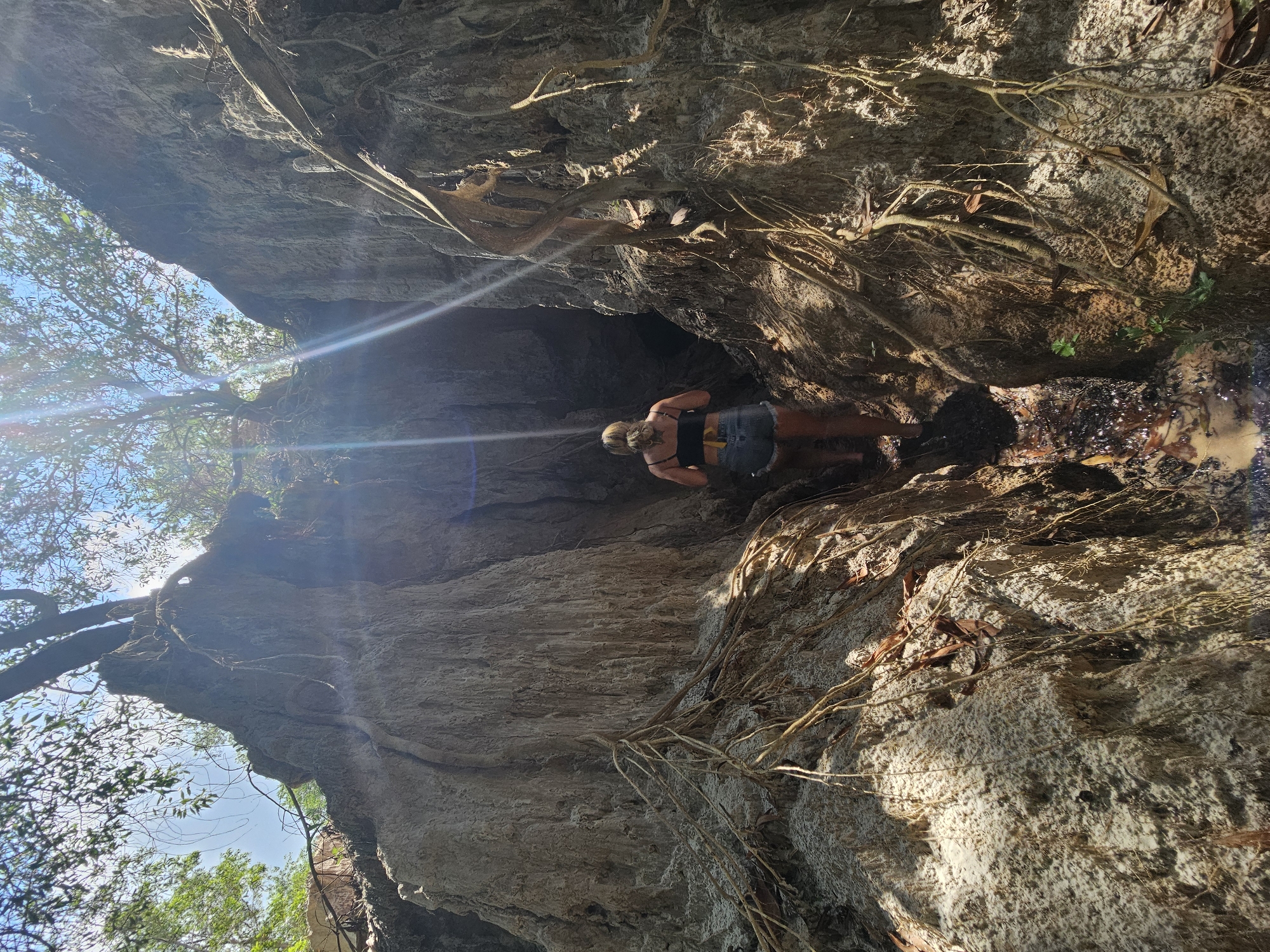 A person is shown from behind, standing in a rocky, natural alcove. They are wearing a dark tank top and denim shorts. The alcove is overgrown with tree roots, some of which hang down from the rock face. There is water and mud on the ground in the alcove. Sunlight streams into the alcove, creating lens flare. The scene appears to be outdoors, with trees and a blue sky visible in the background through the opening of the alcove. The overall impression is of a natural, somewhat rugged outdoor setting, possibly a cave or a deeply recessed area within a rocky cliff face. The lighting suggests it is daytime.