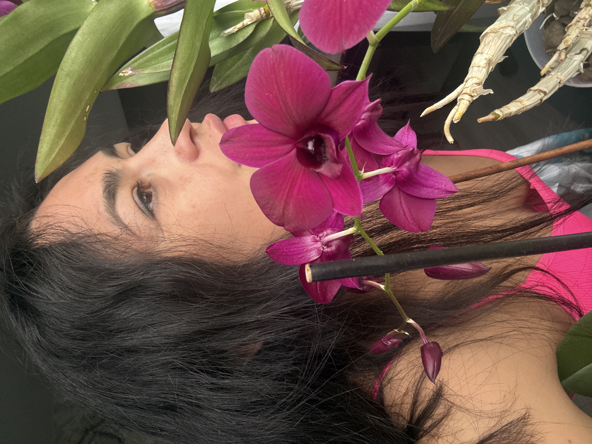 The image displays a close-up, rotated portrait of a woman resting among orchid plants. She is positioned on a dark, reflective surface, with her head to the left and body extending to the right. Her dark, long hair spreads around her head. Her face, seen in profile from the nose upwards, has a serene expression, with her eyes open and looking slightly upwards.
Vibrant magenta orchid flowers are prominently featured, with a cluster of blooms and buds on a single stem crossing the center of the frame. The largest flower is centrally placed, showcasing its distinct shape and color. Green leaves of the orchid plant are visible in the upper left corner, while dried, papery-textured pseudobulbs or roots appear in the upper right, hinting at the plant's structure.
A slender, dark rod, possibly a plant support, runs horizontally across the bottom of the orchid stem and the woman's hair. A bright pink strap of clothing is visible underneath her hair on the right side of the image. The lighting suggests an indoor setting. There is no visible text, and the overall mood is tranquil.