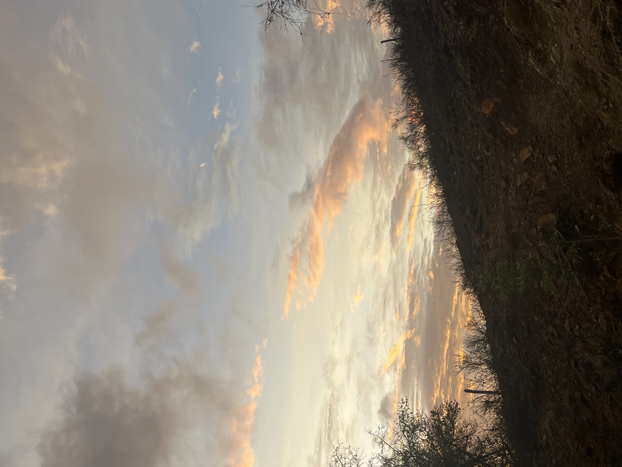 The image depicts a rugged, rocky hillside covered in dry vegetation, silhouetted against a sky filled with a gradient of colors. The sky transitions from a pale blue at the top to soft yellows and oranges, with streaks of pink and peach from sunset clouds. The vegetation on the hillside appears sparse and dry, with bare branches of trees visible on the left and right edges of the frame. A wooden fence post is partially visible in the center of the frame, protruding from the brush. The overall impression is of a natural landscape at dusk, with the warm hues of the sunset creating a dramatic contrast with the darkened hillside. The location is identified as Santa Ana, Venezuela.