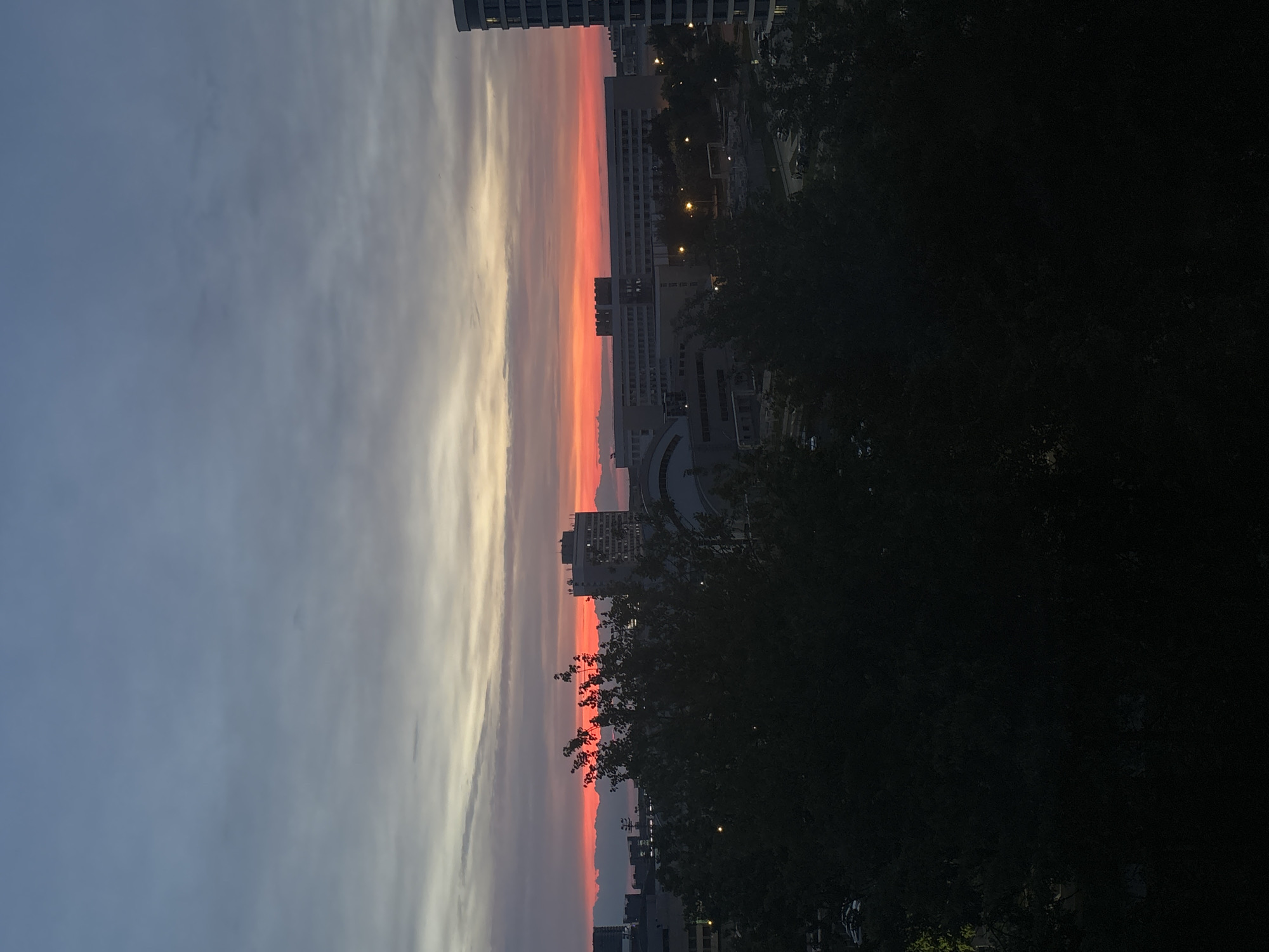 The image shows a sunset over the city of Minsk, Belarus. In the foreground, silhouetted trees obscure the lower right. In the middle ground, several buildings are visible, some lit by streetlights. The sky displays a gradient from gray to reddish-orange, indicating the setting sun.