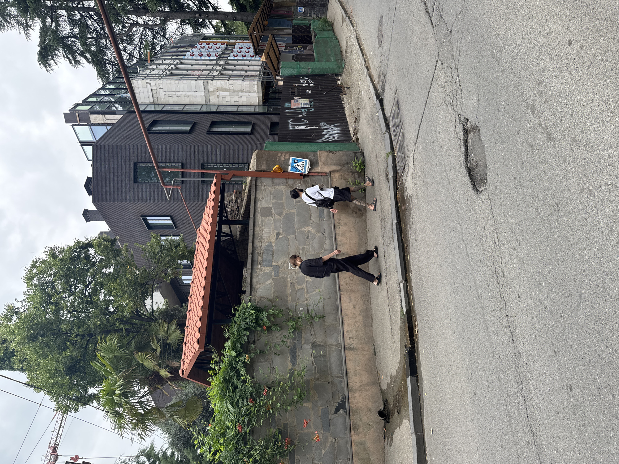 The image depicts an overcast day in Tbilisi, Georgia, on a city street with a cracked asphalt road and sidewalk. Two individuals are walking on the sidewalk next to a stone wall covered in vines and flowers. Behind the wall, a building with a red-tiled roof is partially visible, and further back, a modern dark brick building is under construction, featuring large windows and scaffolding. To the right of the construction site, a corrugated metal fence with graffiti is present, along with a pedestrian crossing sign. A large pothole is visible in the road.